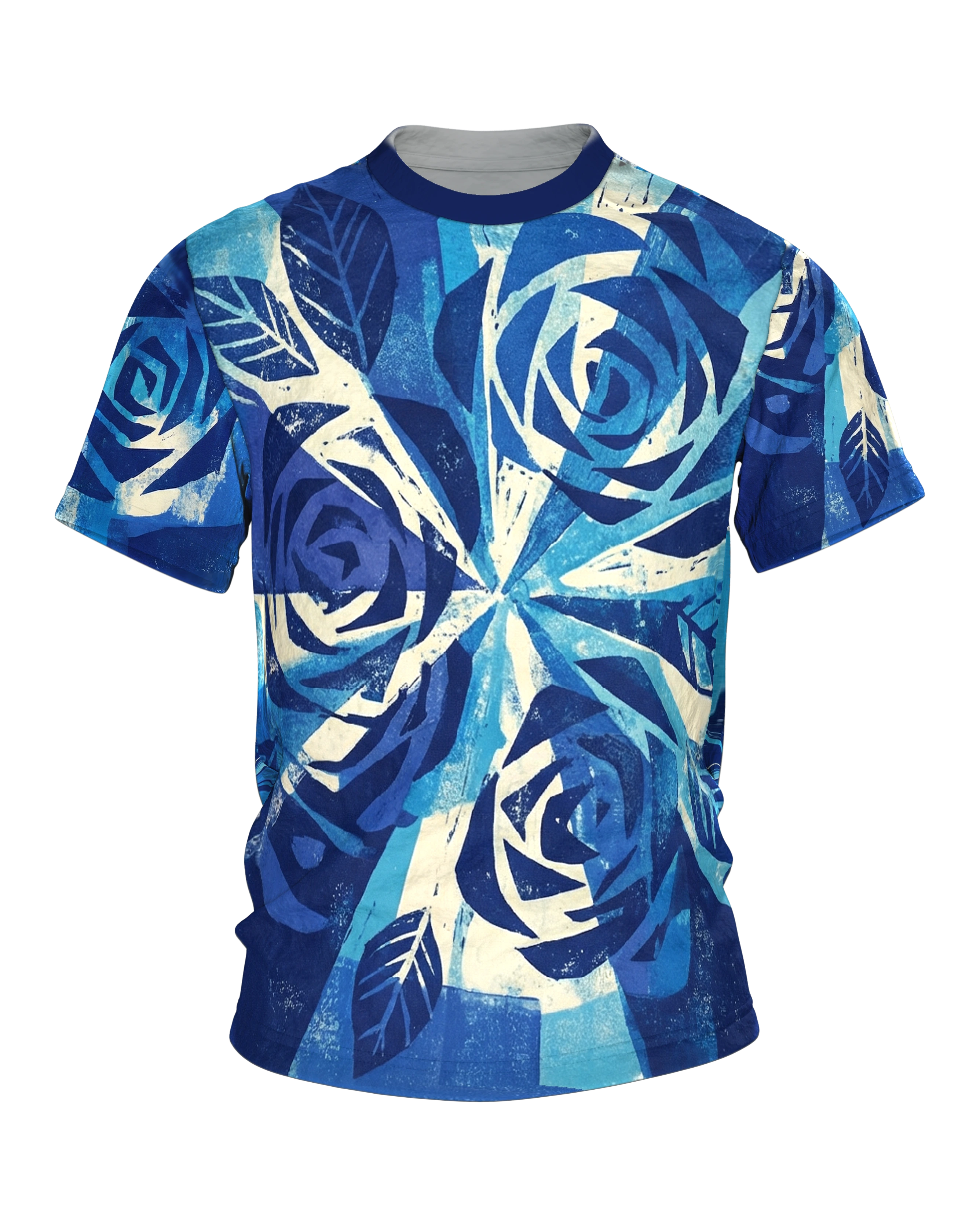 Radial Strahlen T-Shirt: Blaue Rosen im Linoldruck