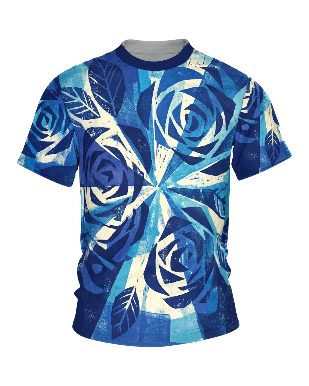 Radial Strahlen T-Shirt: Blaue Rosen im Linoldruck