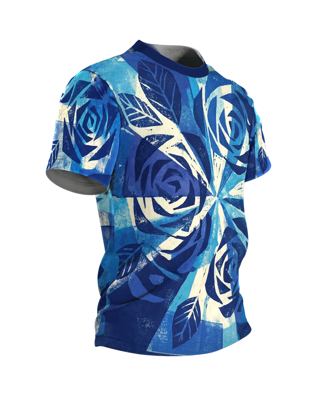 Radial Strahlen T-Shirt: Blaue Rosen im Linoldruck, Seitenansicht links
