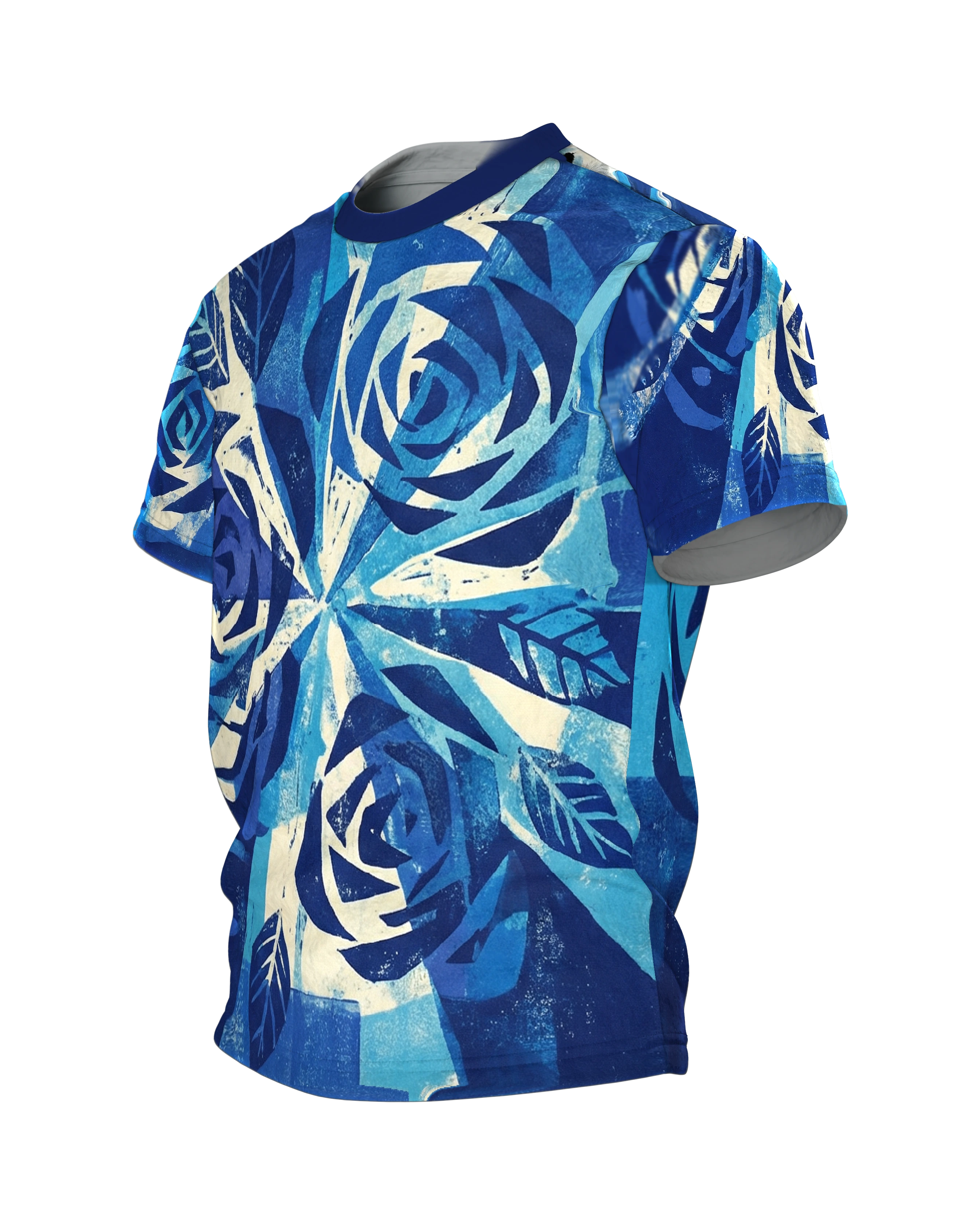 Radial Strahlen T-Shirt: Blaue Rosen im Linoldruck, Seitenansicht rechts