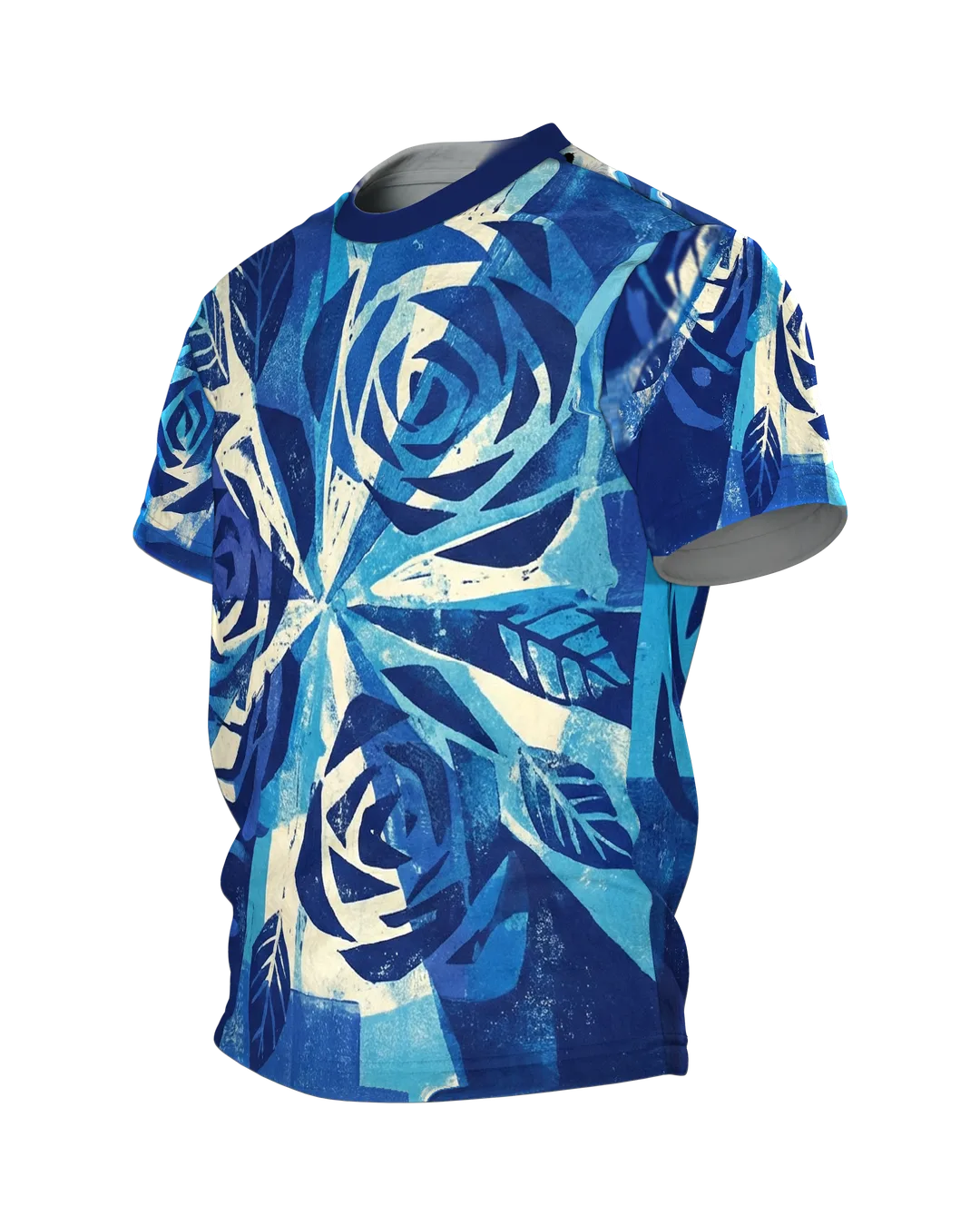 Radial Strahlen T-Shirt: Blaue Rosen im Linoldruck, Seitenansicht rechts