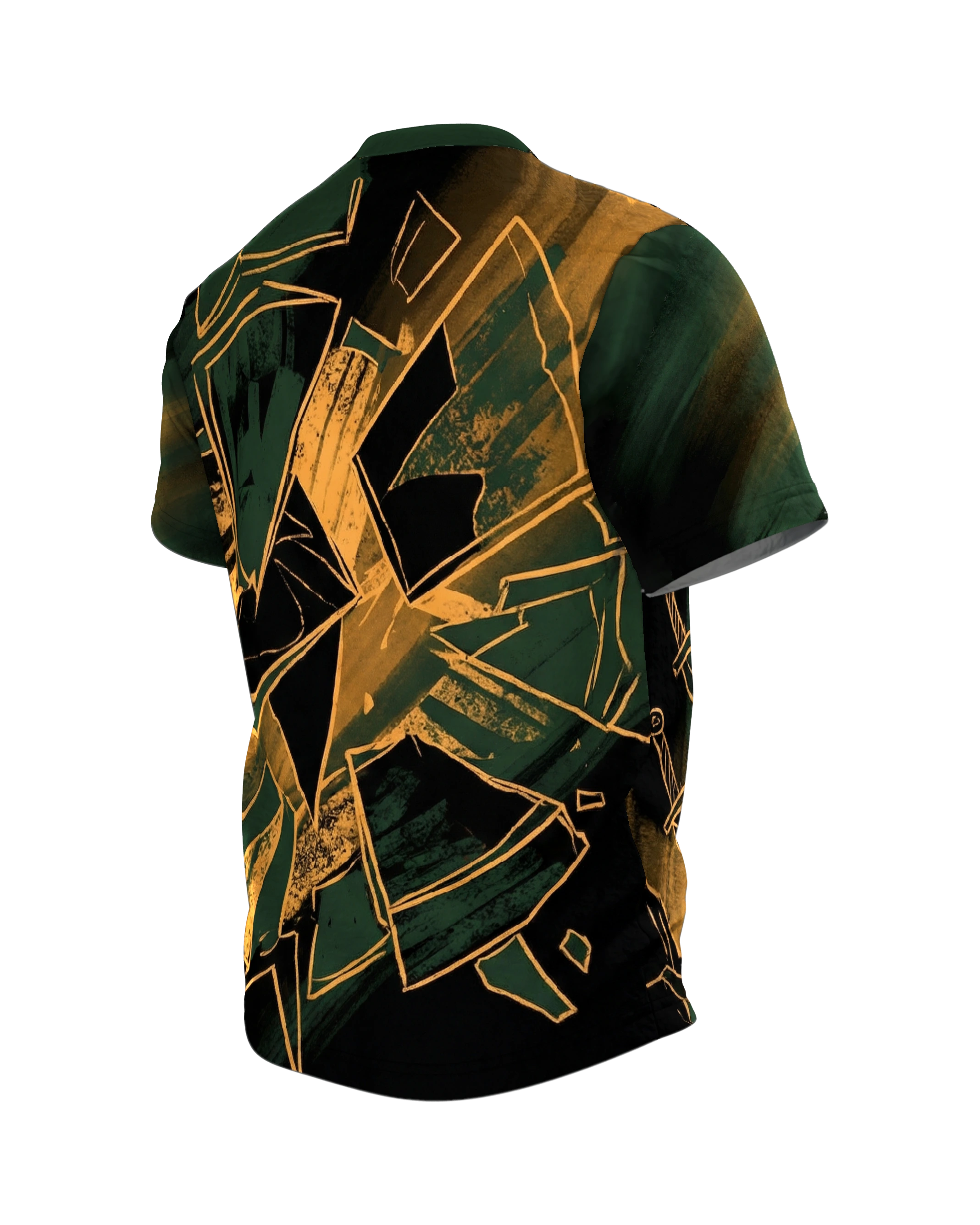Zerstörte Rüstung T-Shirt, berstende Ritterrüstung mit Schwertern in Gold-Linien, Splitterfeld am Rücken, Rückseite schräg links