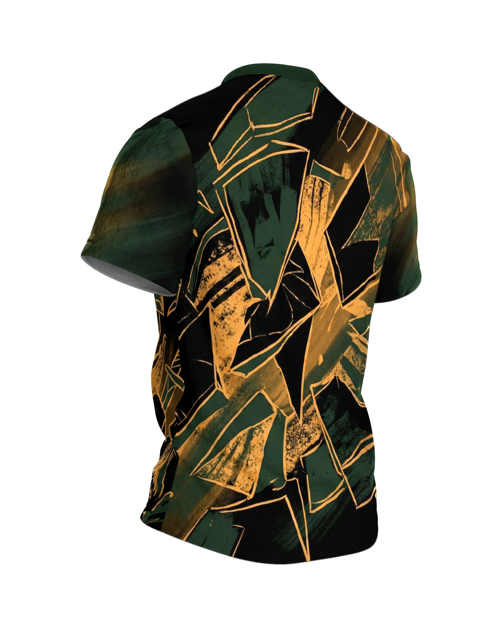 Zerstörte Rüstung T-Shirt, berstende Ritterrüstung mit Schwertern in Gold-Linien, Splitterfeld am Rücken, Rückseite schräg rechts