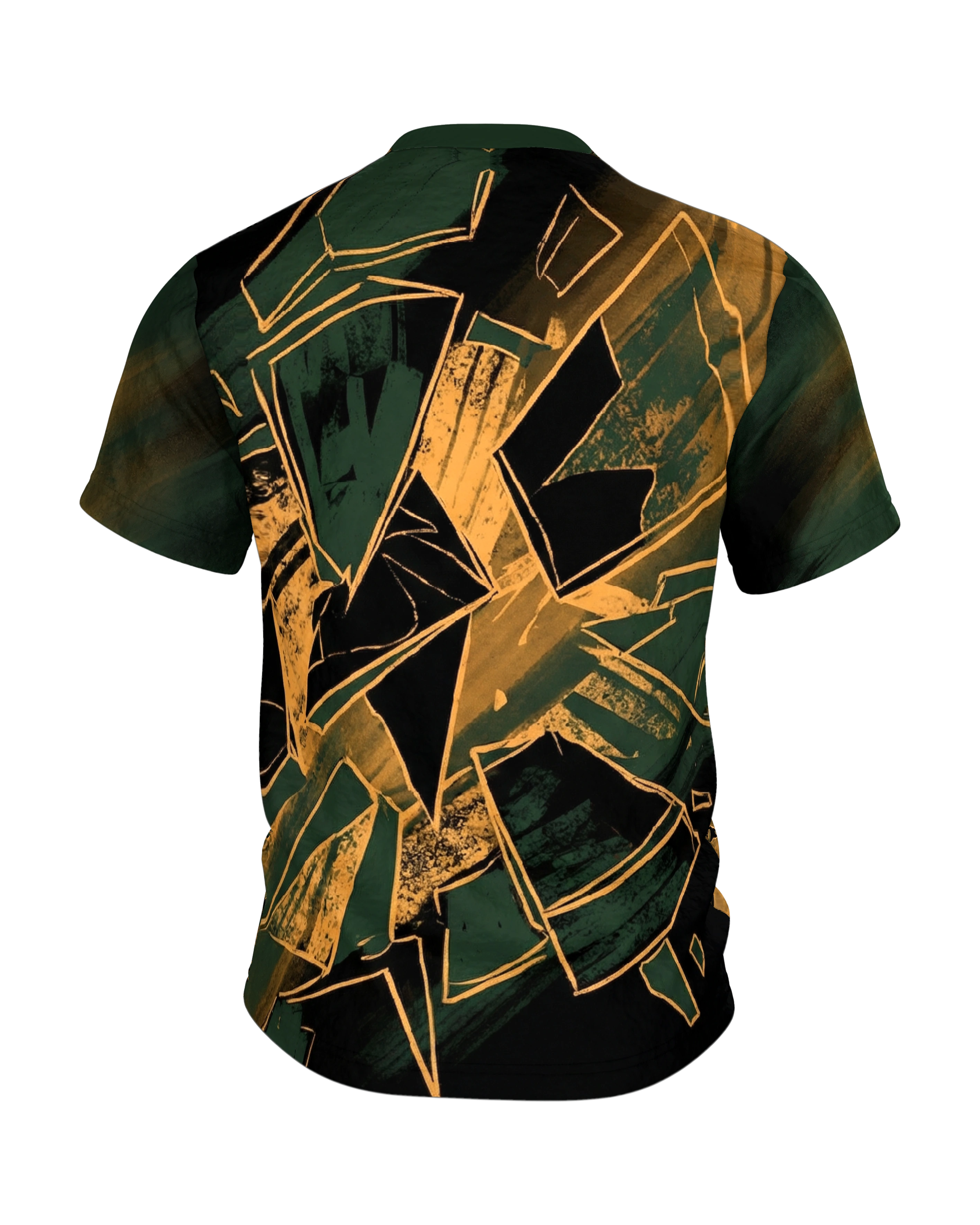 Zerstörte Rüstung T-Shirt, berstende Ritterrüstung mit Schwertern in Gold-Linien, Splitterfeld am Rücken, Rückseite