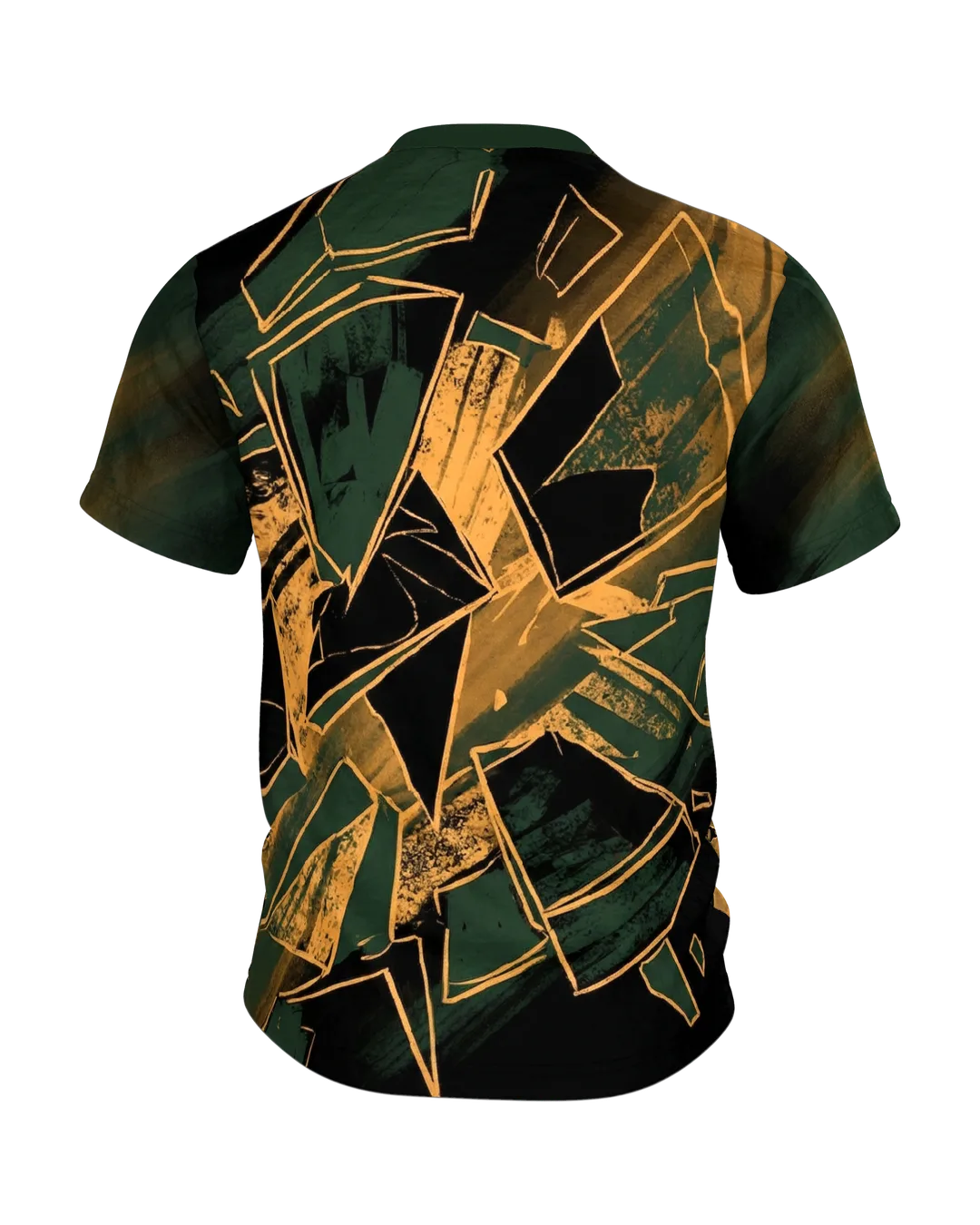 Zerstörte Rüstung T-Shirt, berstende Ritterrüstung mit Schwertern in Gold-Linien, Splitterfeld am Rücken, Rückseite