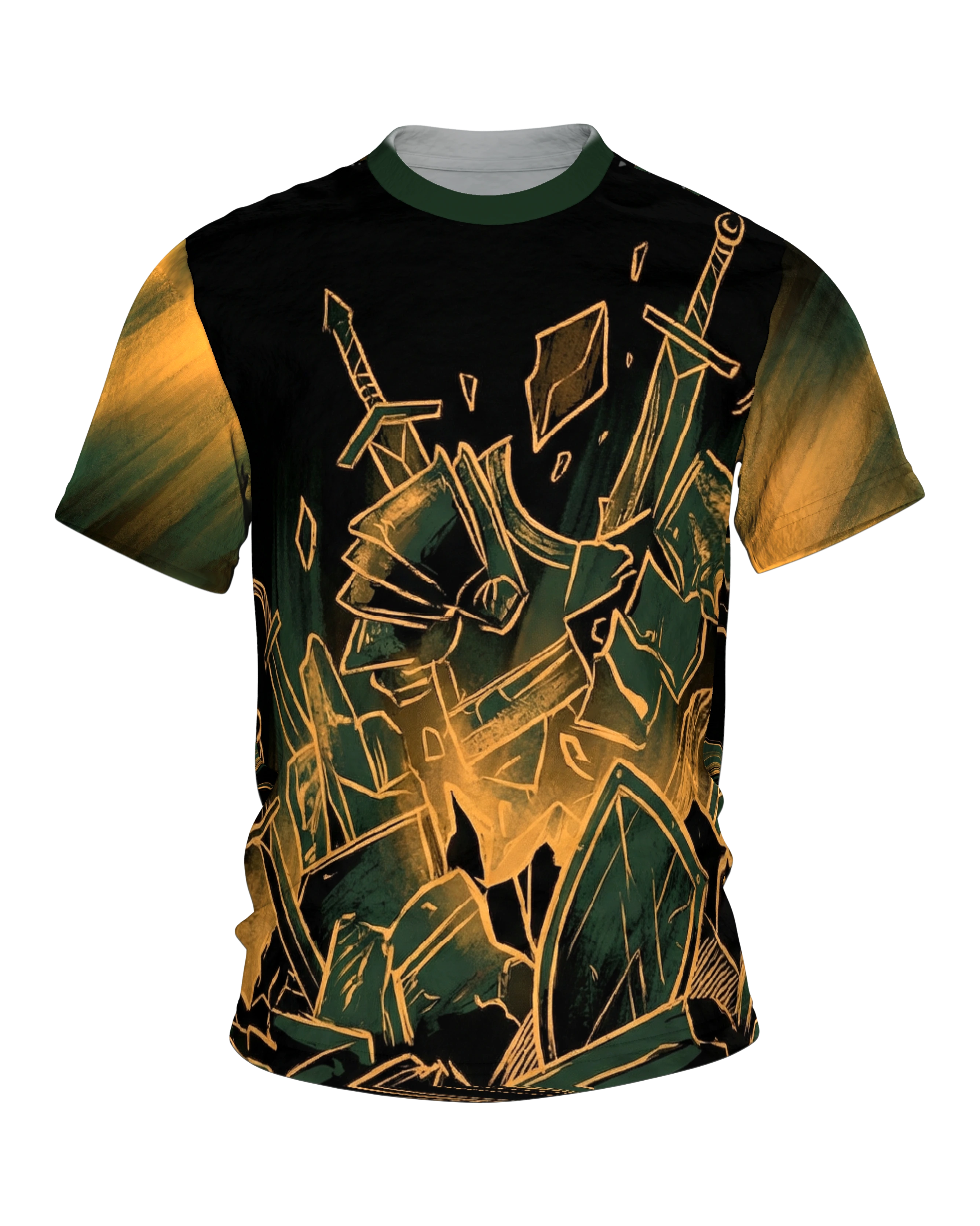 Zerstörte Rüstung T-Shirt, berstende Ritterrüstung mit Schwertern in Gold-Linien, Splitterfeld am Rücken