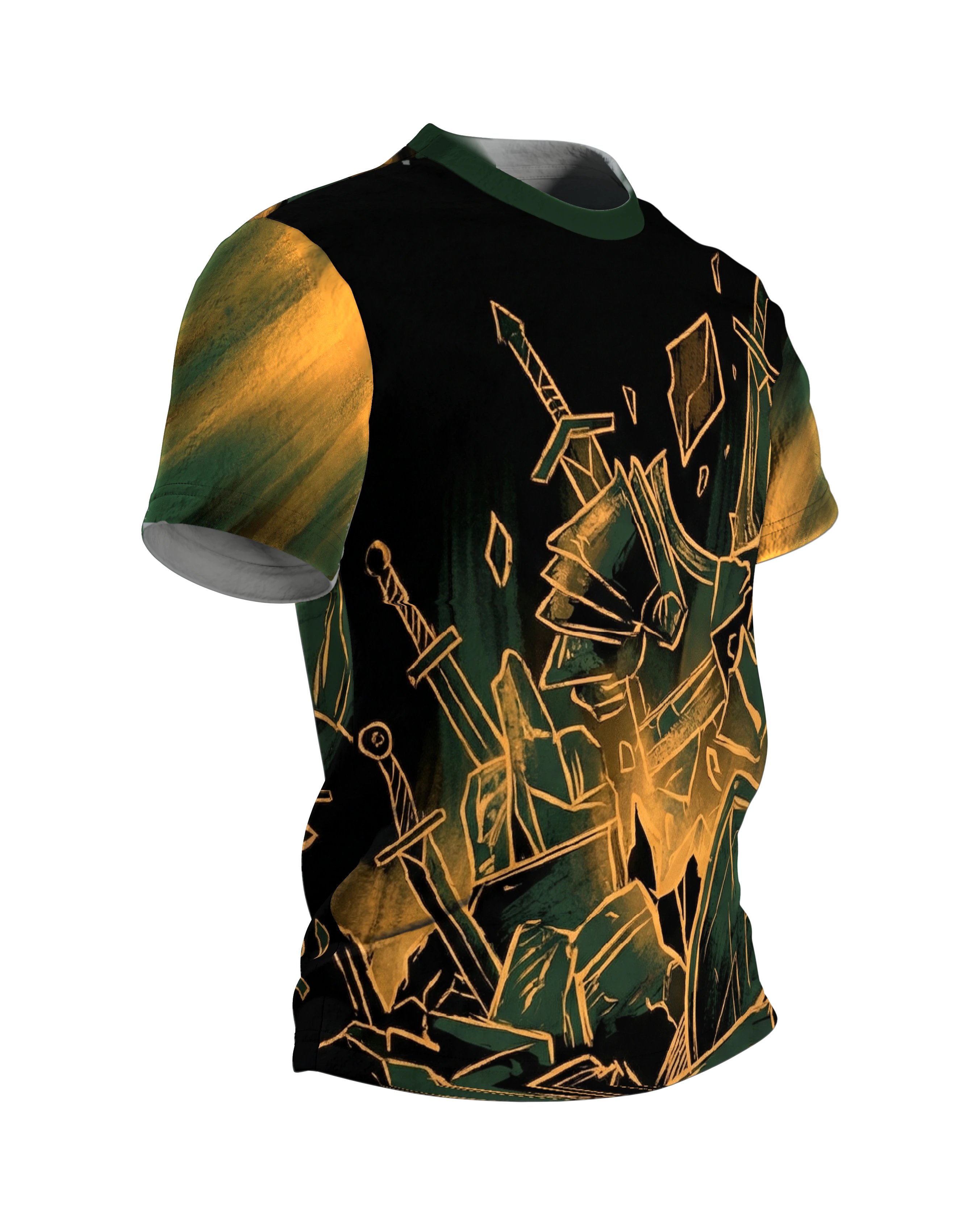 Zerstörte Rüstung T-Shirt, berstende Ritterrüstung mit Schwertern in Gold-Linien, Splitterfeld am Rücken, Seitenansicht links