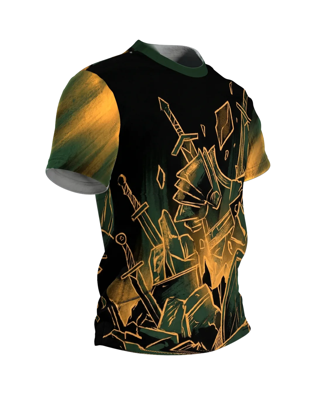 Zerstörte Rüstung T-Shirt, berstende Ritterrüstung mit Schwertern in Gold-Linien, Splitterfeld am Rücken, Seitenansicht links