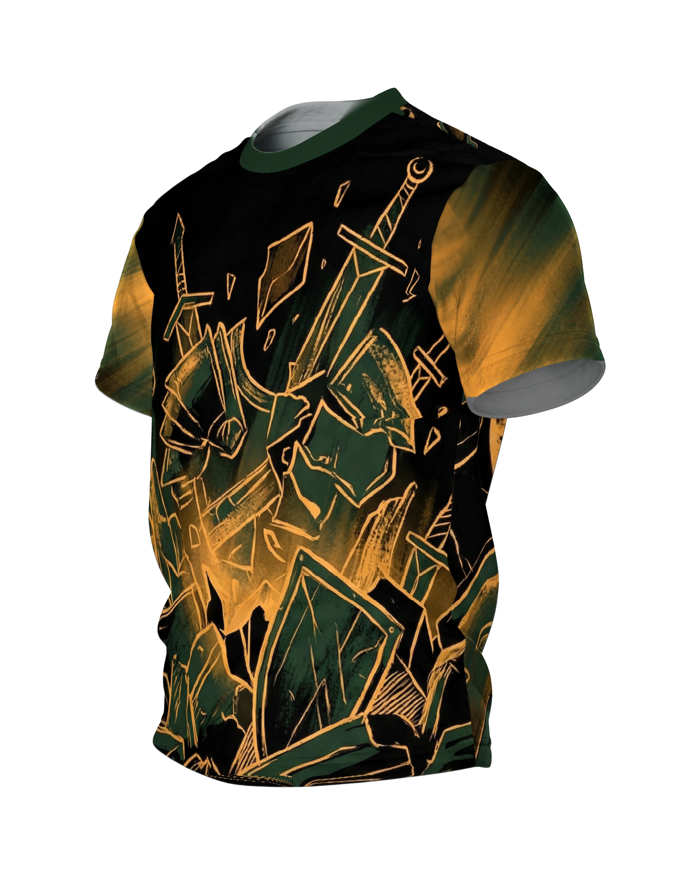 Zerstörte Rüstung T-Shirt, berstende Ritterrüstung mit Schwertern in Gold-Linien, Splitterfeld am Rücken, Seitenansicht rechts