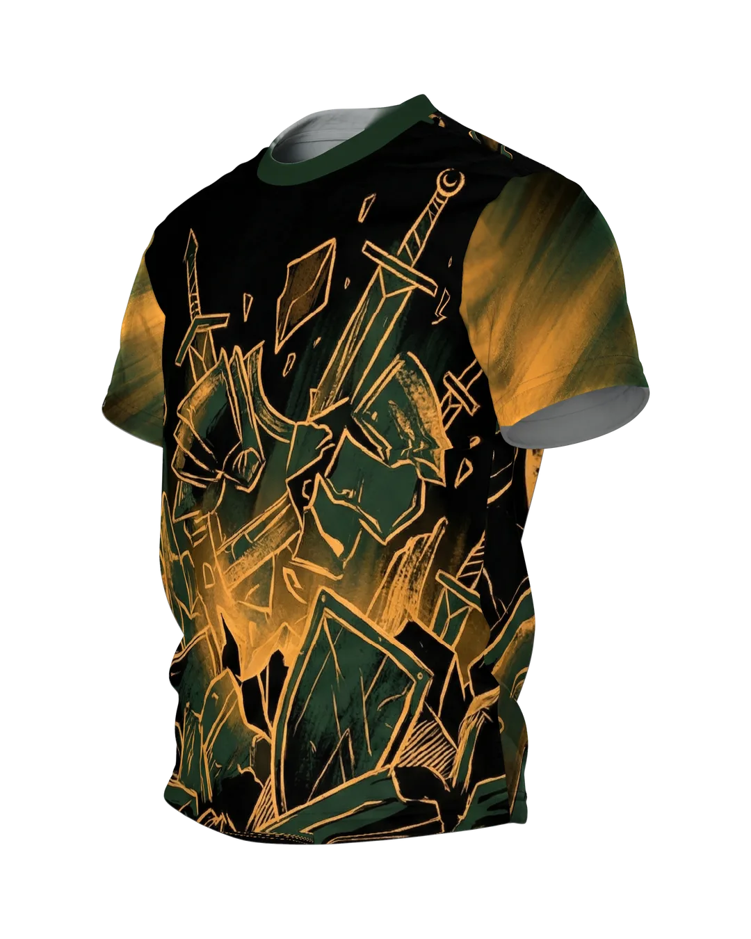 Zerstörte Rüstung T-Shirt, berstende Ritterrüstung mit Schwertern in Gold-Linien, Splitterfeld am Rücken, Seitenansicht rechts