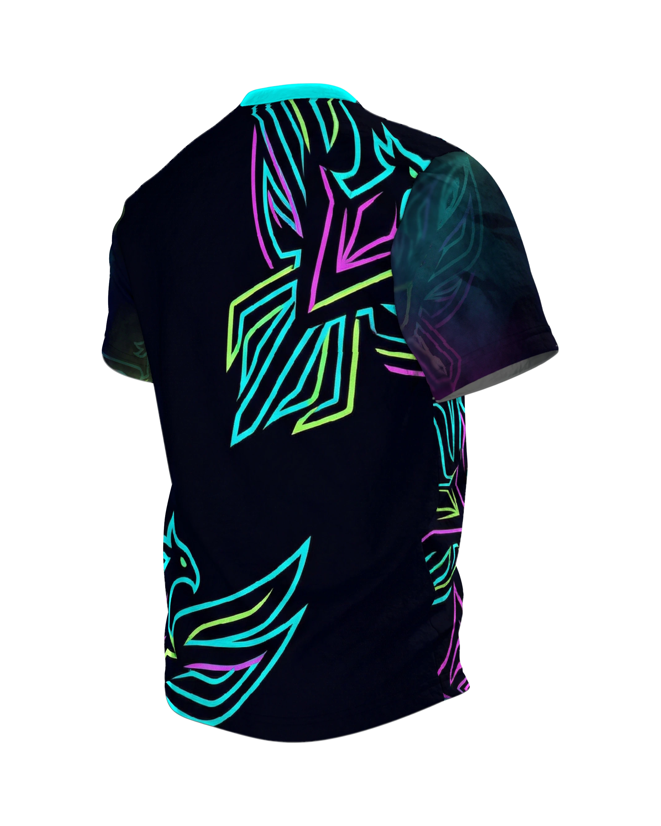 Neon Phönix T-Shirt: Cyberpunk Style, Rückseite schräg links