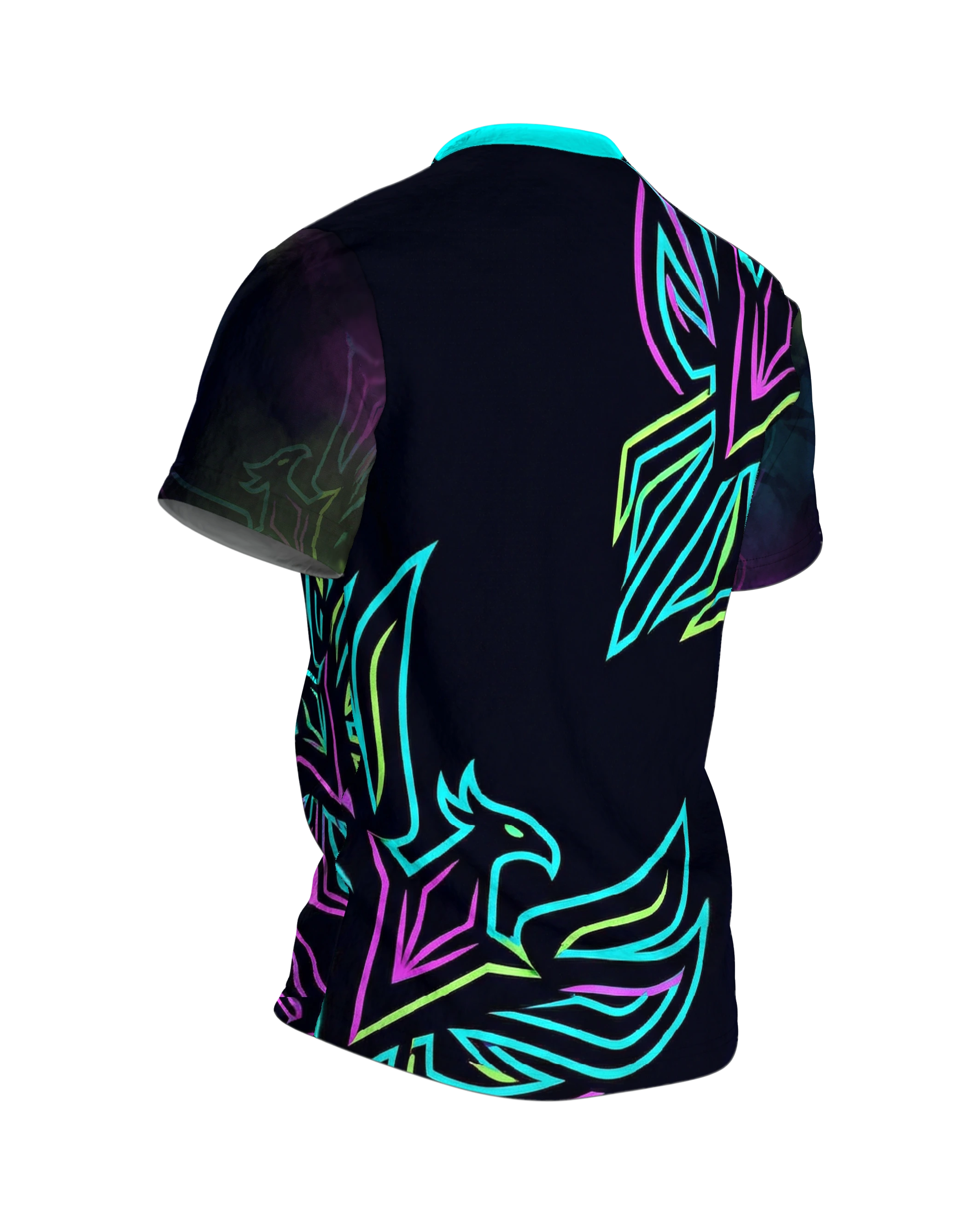 Neon Phönix T-Shirt: Cyberpunk Style, Rückseite schräg rechts
