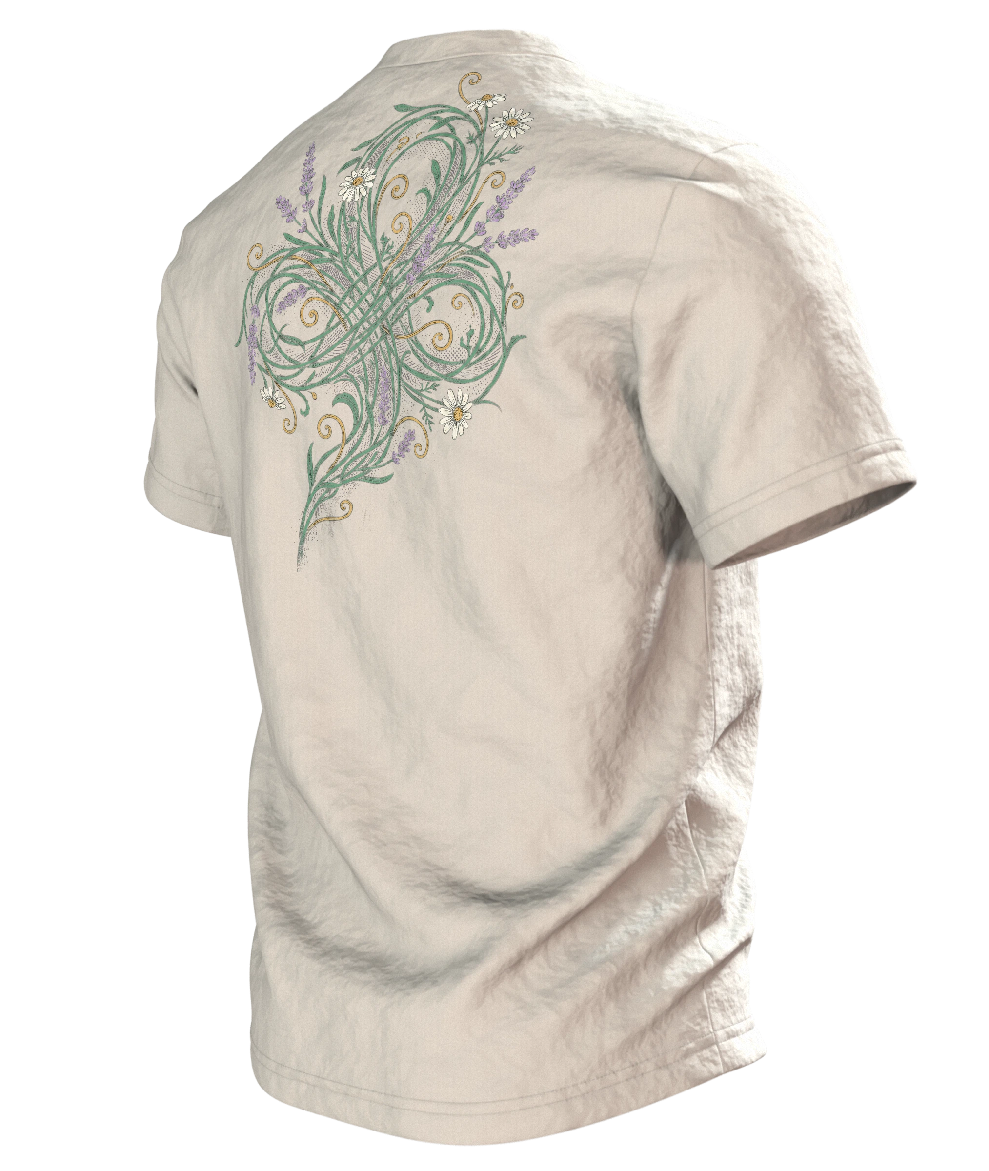 "Chaos-Koordinatorin" T-Shirt, Schreibschrift mit Lavendel und Kamille, Rückseite schräg links