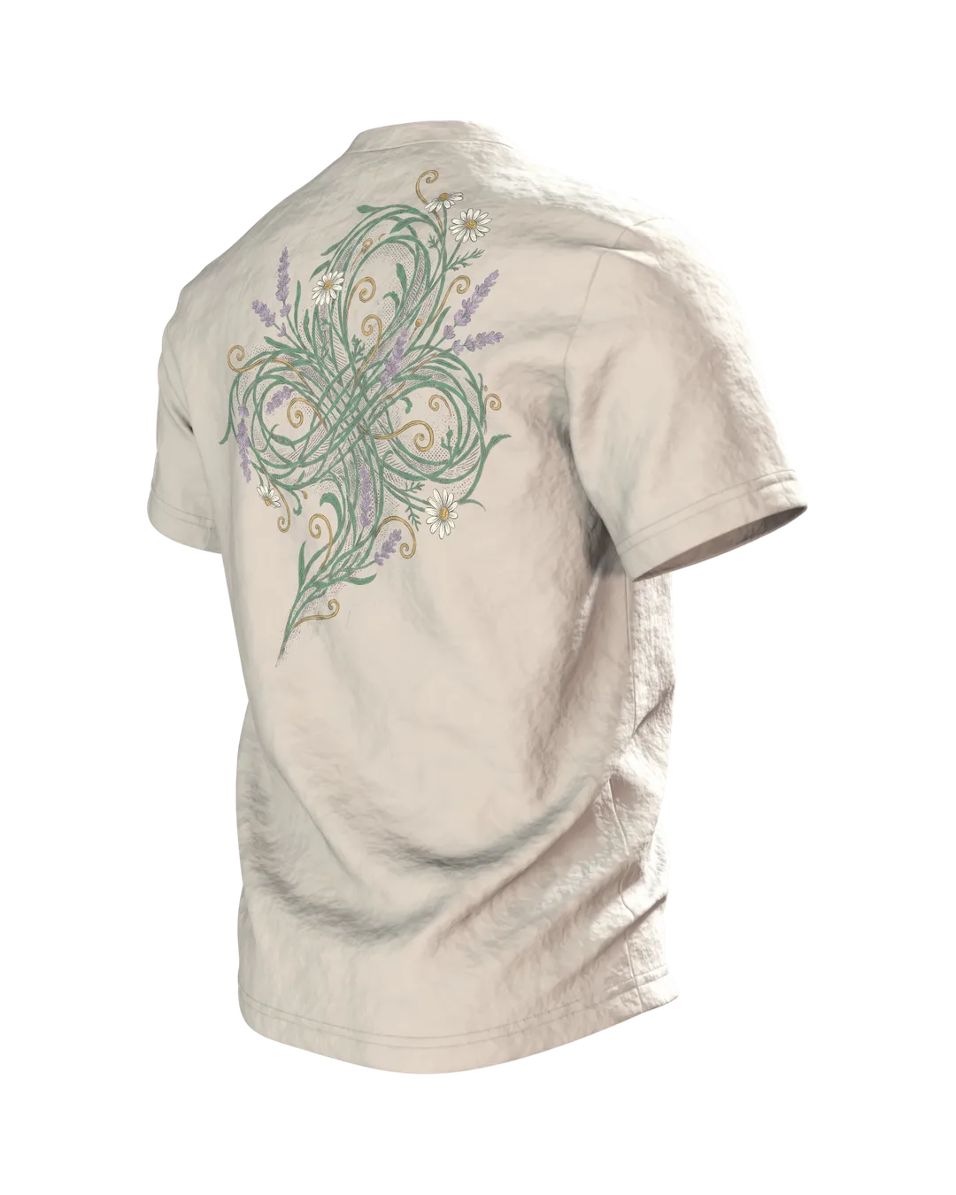 "Chaos-Koordinatorin" T-Shirt, Schreibschrift mit Lavendel und Kamille, Rückseite schräg links