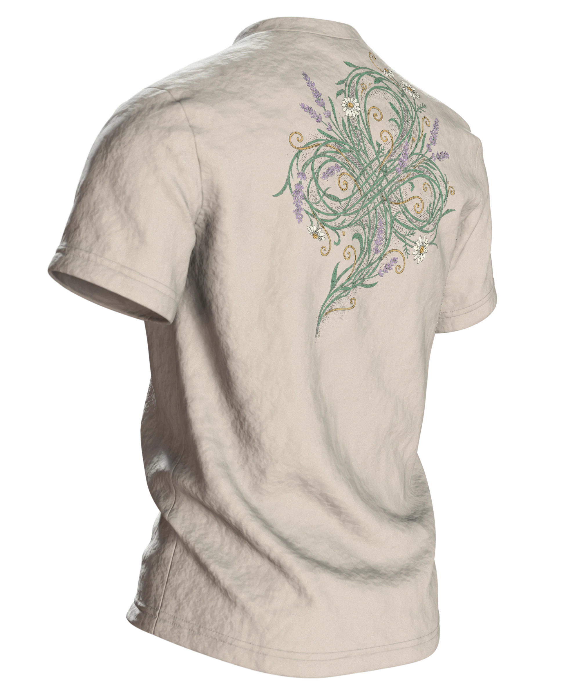 "Chaos-Koordinatorin" T-Shirt, Schreibschrift mit Lavendel und Kamille, Rückseite schräg rechts