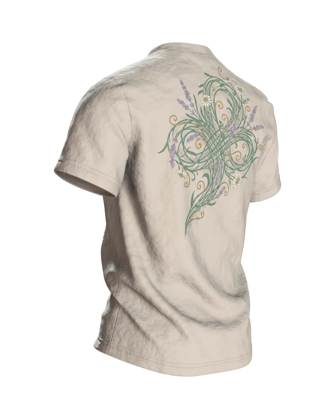 "Chaos-Koordinatorin" T-Shirt, Schreibschrift mit Lavendel und Kamille, Rückseite schräg rechts