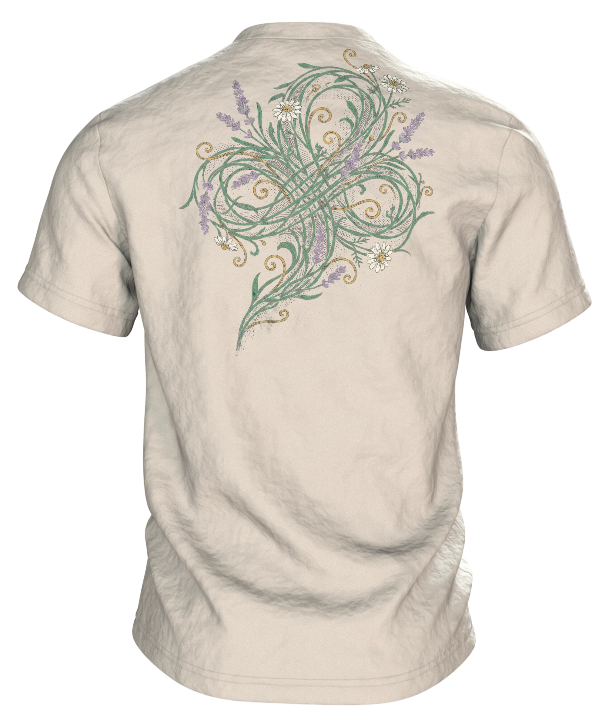 "Chaos-Koordinatorin" T-Shirt, Schreibschrift mit Lavendel und Kamille, Rückseite