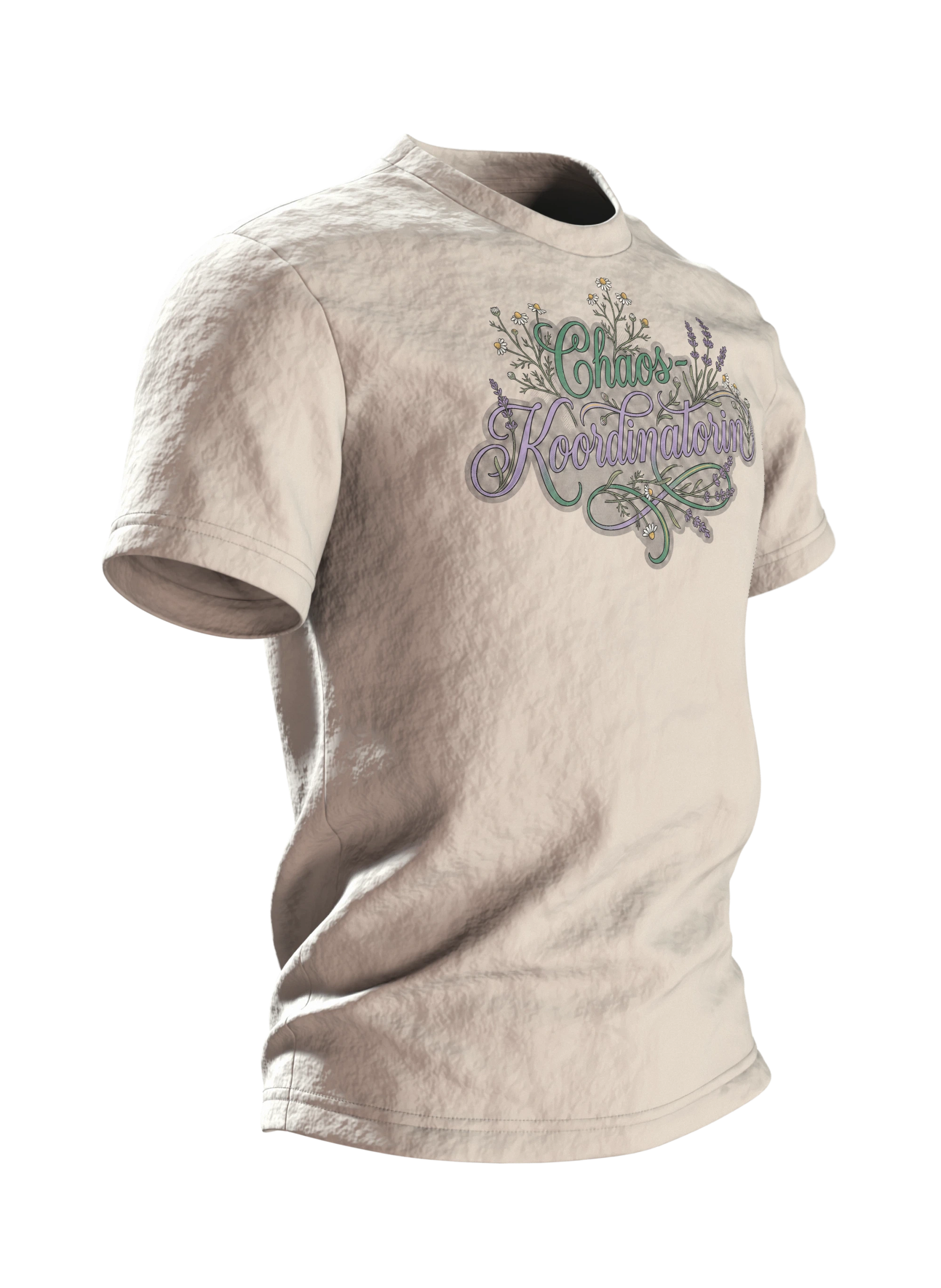 "Chaos-Koordinatorin" T-Shirt, Schreibschrift mit Lavendel und Kamille, Seitenansicht links