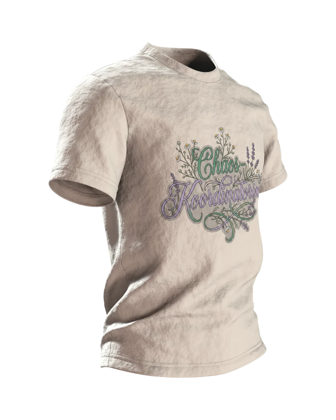 "Chaos-Koordinatorin" T-Shirt, Schreibschrift mit Lavendel und Kamille, Seitenansicht links