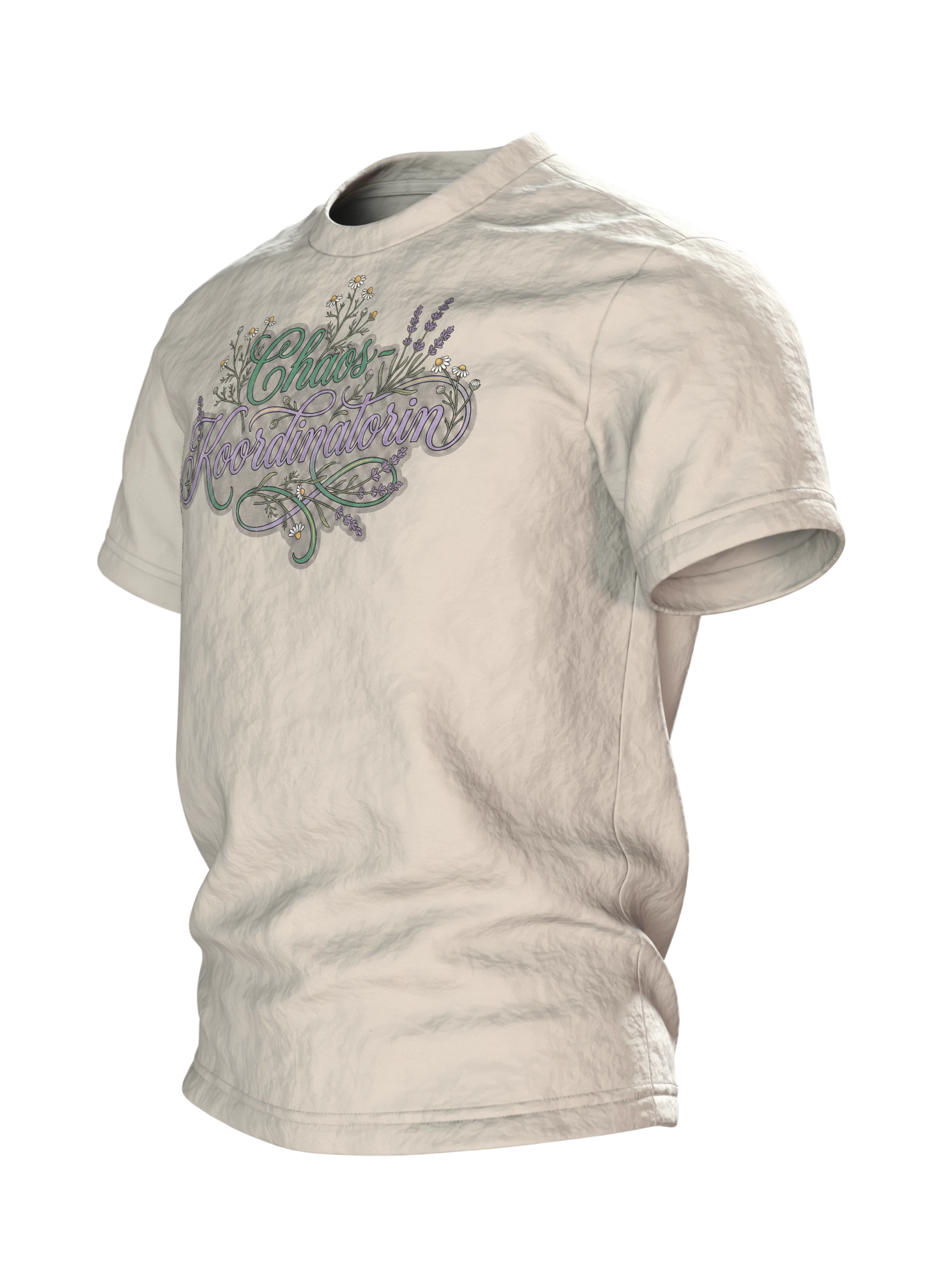 "Chaos-Koordinatorin" T-Shirt, Schreibschrift mit Lavendel und Kamille, Seitenansicht rechts