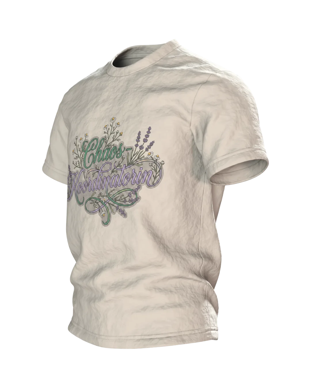 "Chaos-Koordinatorin" T-Shirt, Schreibschrift mit Lavendel und Kamille, Seitenansicht rechts