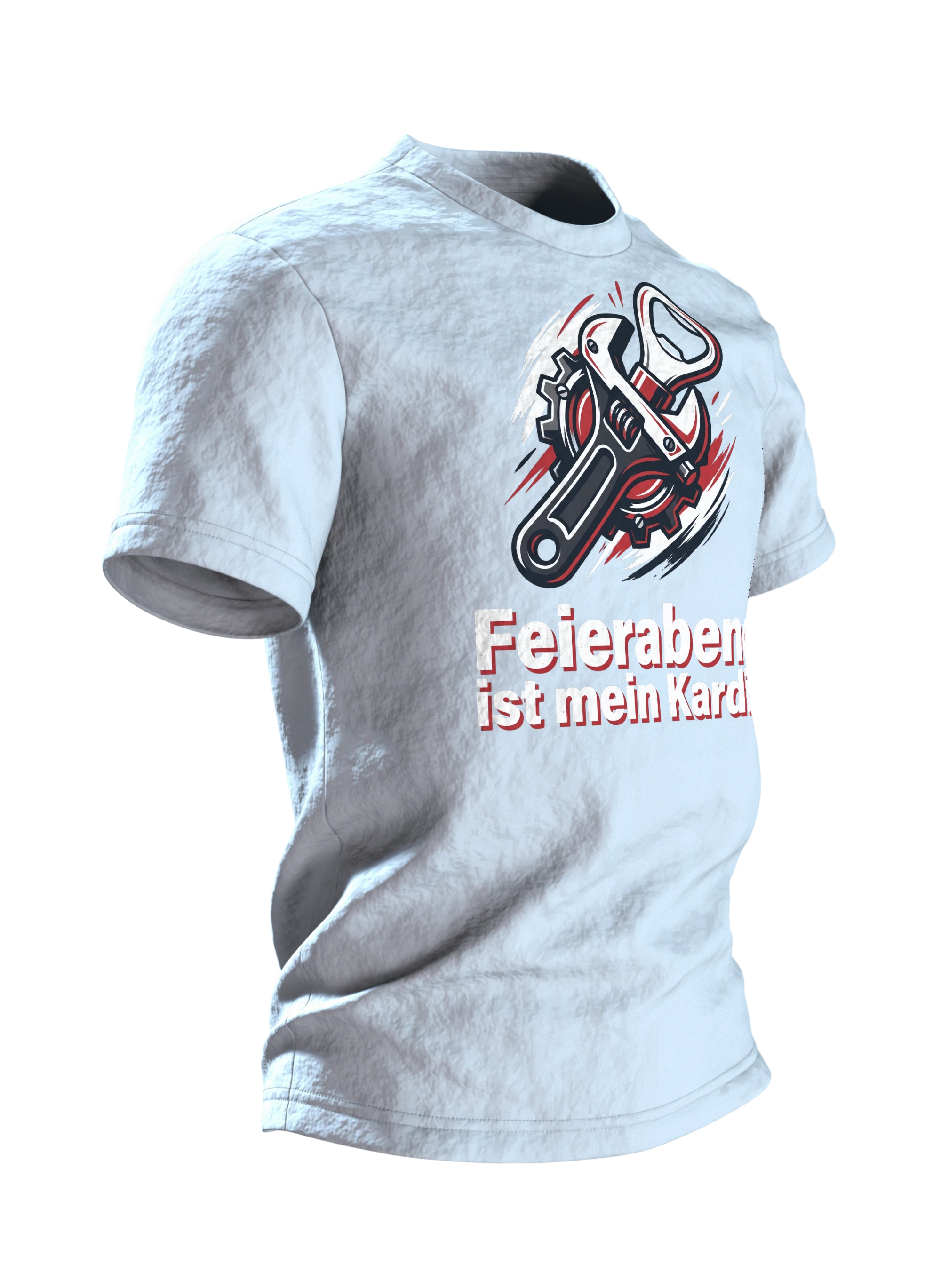 Feierabend T-Shirt "Feierabend ist mein Kardio", Werkstatt-Wappen aus Schraubenschlüssel und Flaschenöffner, Seitenansicht links