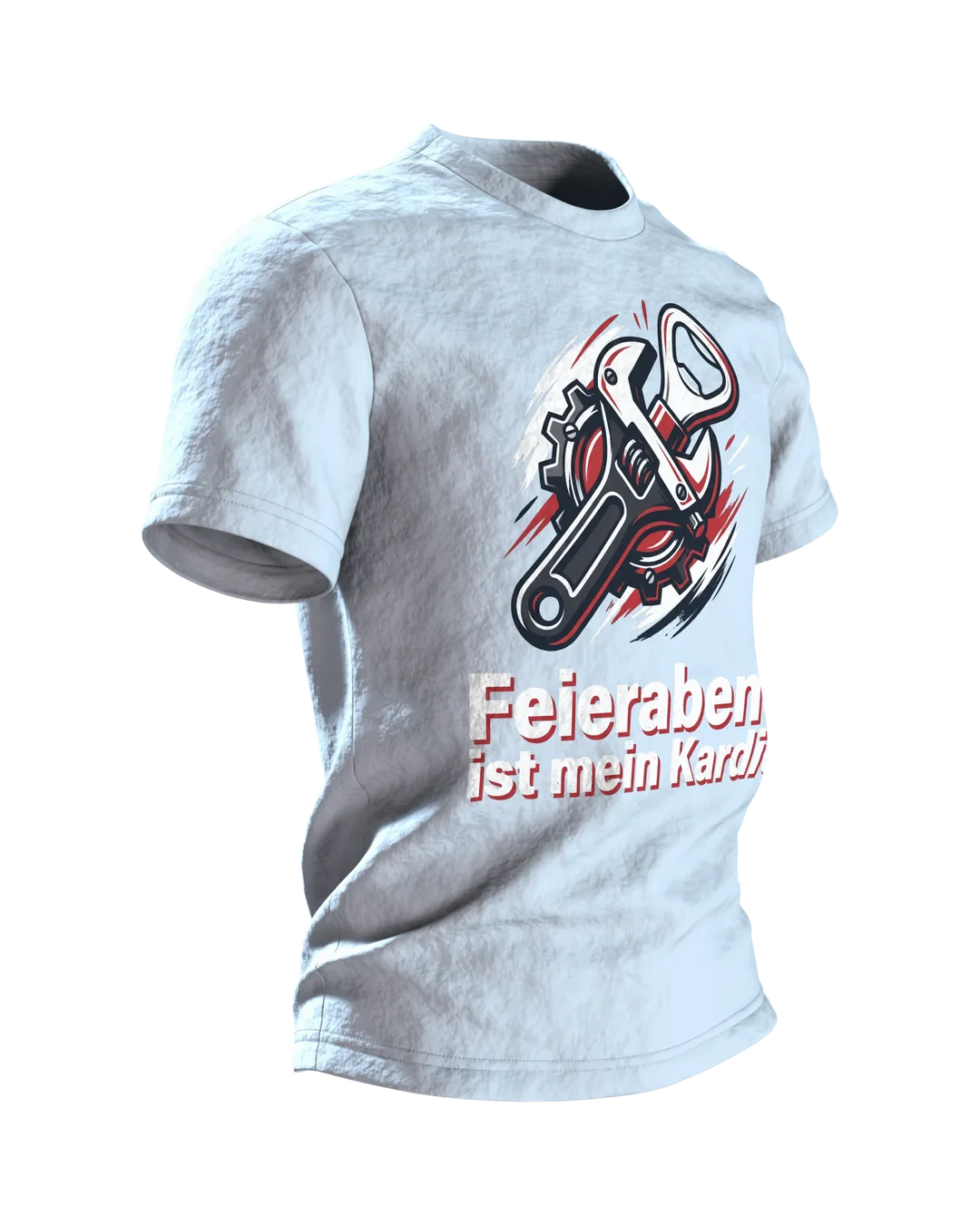 Feierabend T-Shirt "Feierabend ist mein Kardio", Werkstatt-Wappen aus Schraubenschlüssel und Flaschenöffner, Seitenansicht links