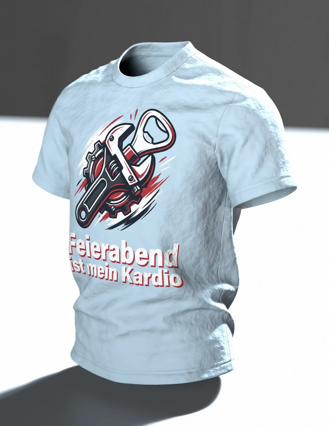 Feierabend T-Shirt "Feierabend ist mein Kardio", Werkstatt-Wappen aus Schraubenschlüssel und Flaschenöffner, Im Raum, schräg