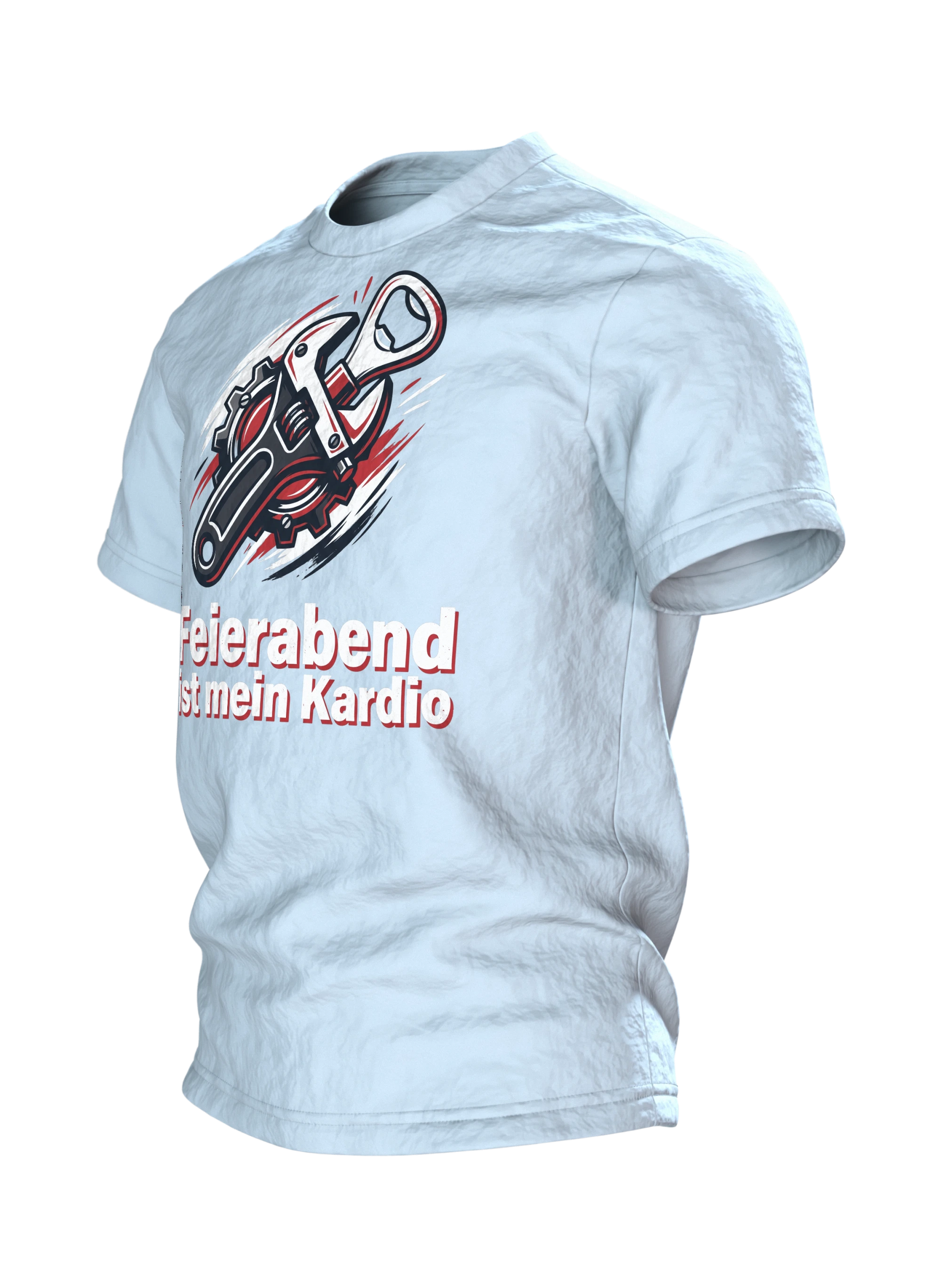 Feierabend T-Shirt "Feierabend ist mein Kardio", Werkstatt-Wappen aus Schraubenschlüssel und Flaschenöffner, Seitenansicht rechts