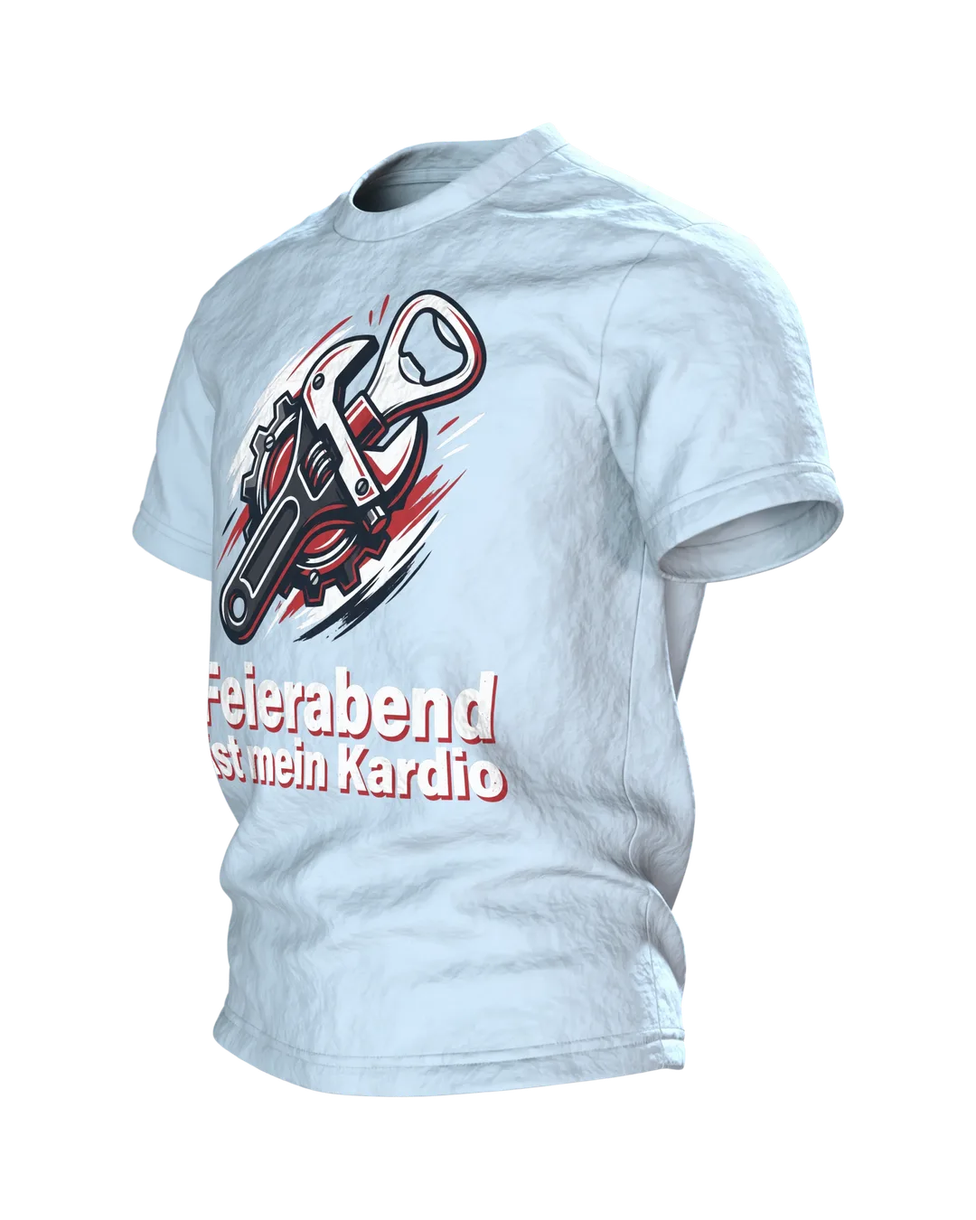 Feierabend T-Shirt "Feierabend ist mein Kardio", Werkstatt-Wappen aus Schraubenschlüssel und Flaschenöffner, Seitenansicht rechts