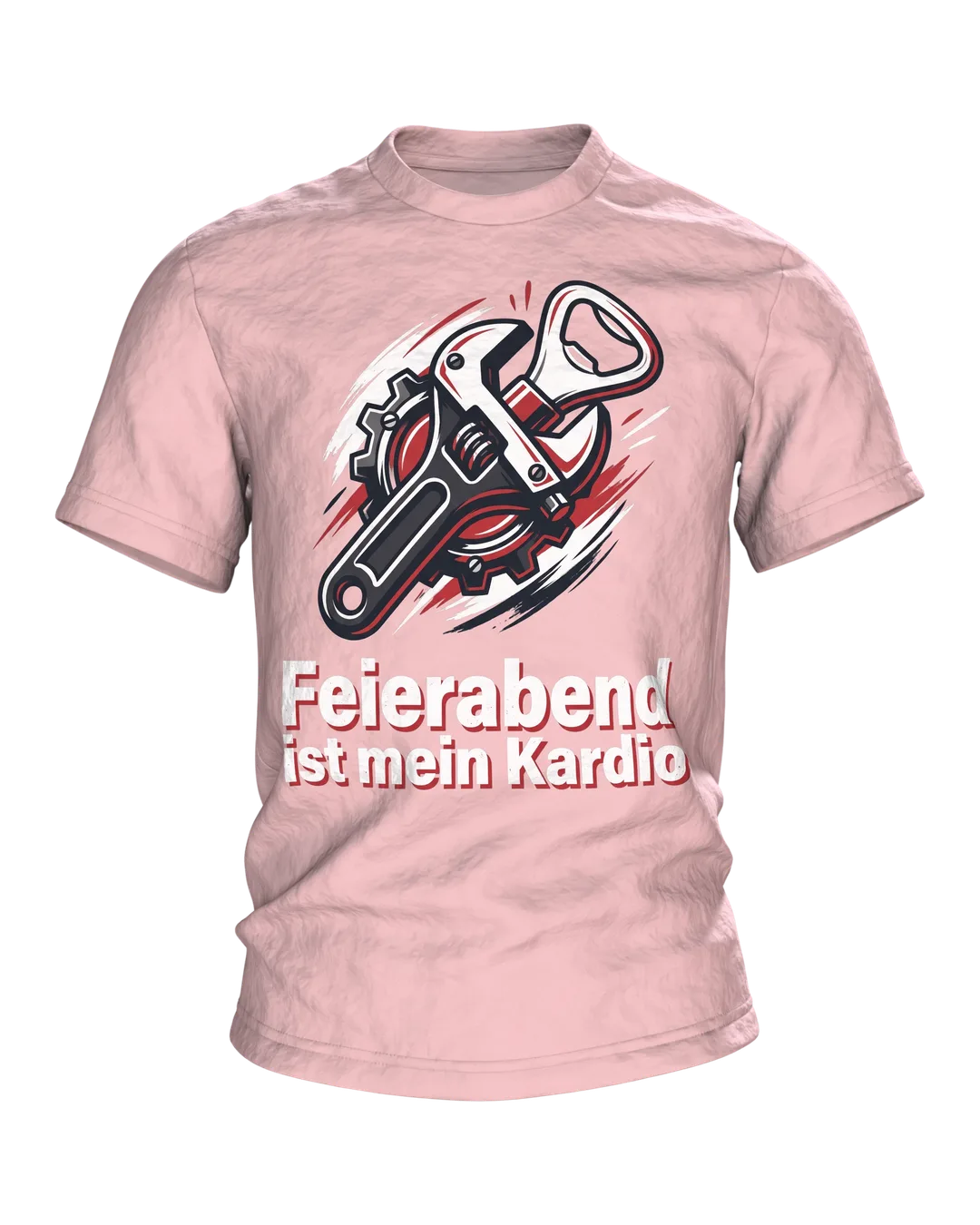 Feierabend T-Shirt "Feierabend ist mein Kardio", Werkstatt-Wappen aus Schraubenschlüssel und Flaschenöffner