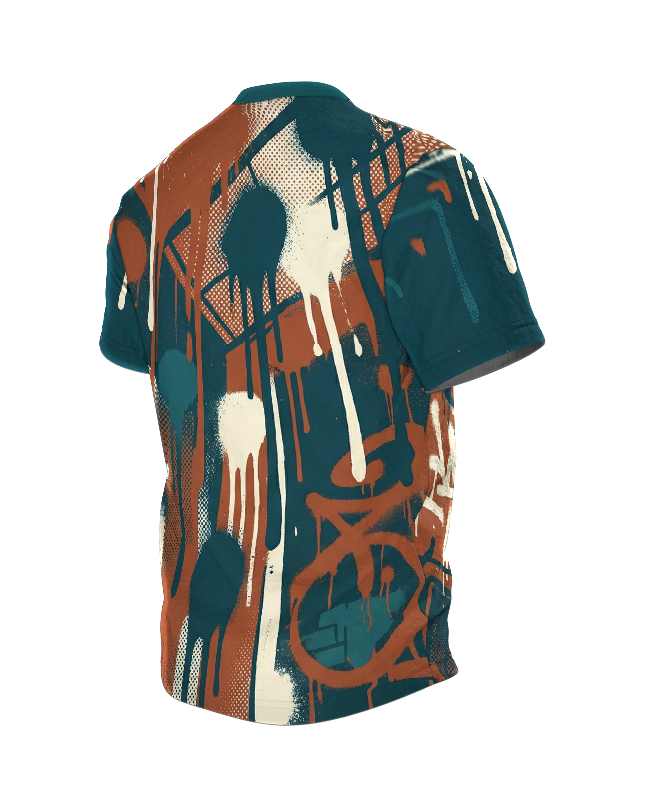 Graffiti Drips T-Shirt, Hinterhof-Fassaden mit laufender Farbe, Häuserschlucht am Rücken, Rückseite schräg links