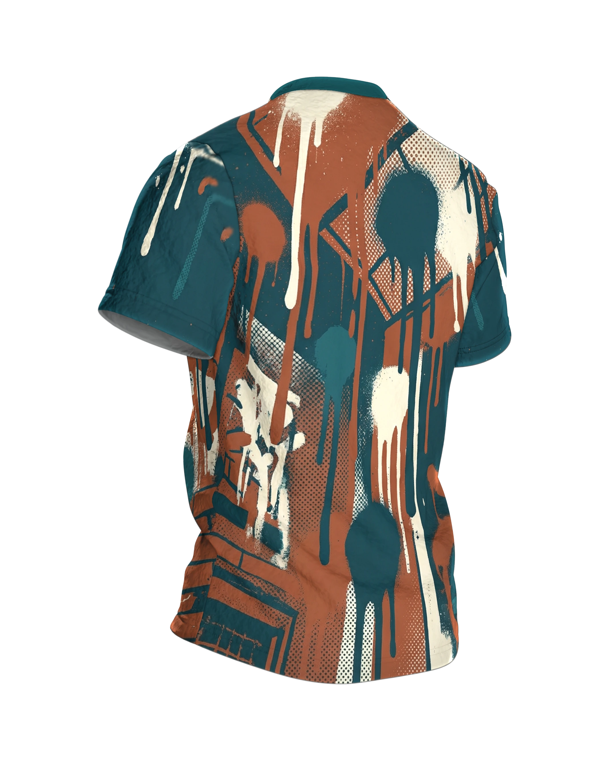 Graffiti Drips T-Shirt, Hinterhof-Fassaden mit laufender Farbe, Häuserschlucht am Rücken, Rückseite schräg rechts