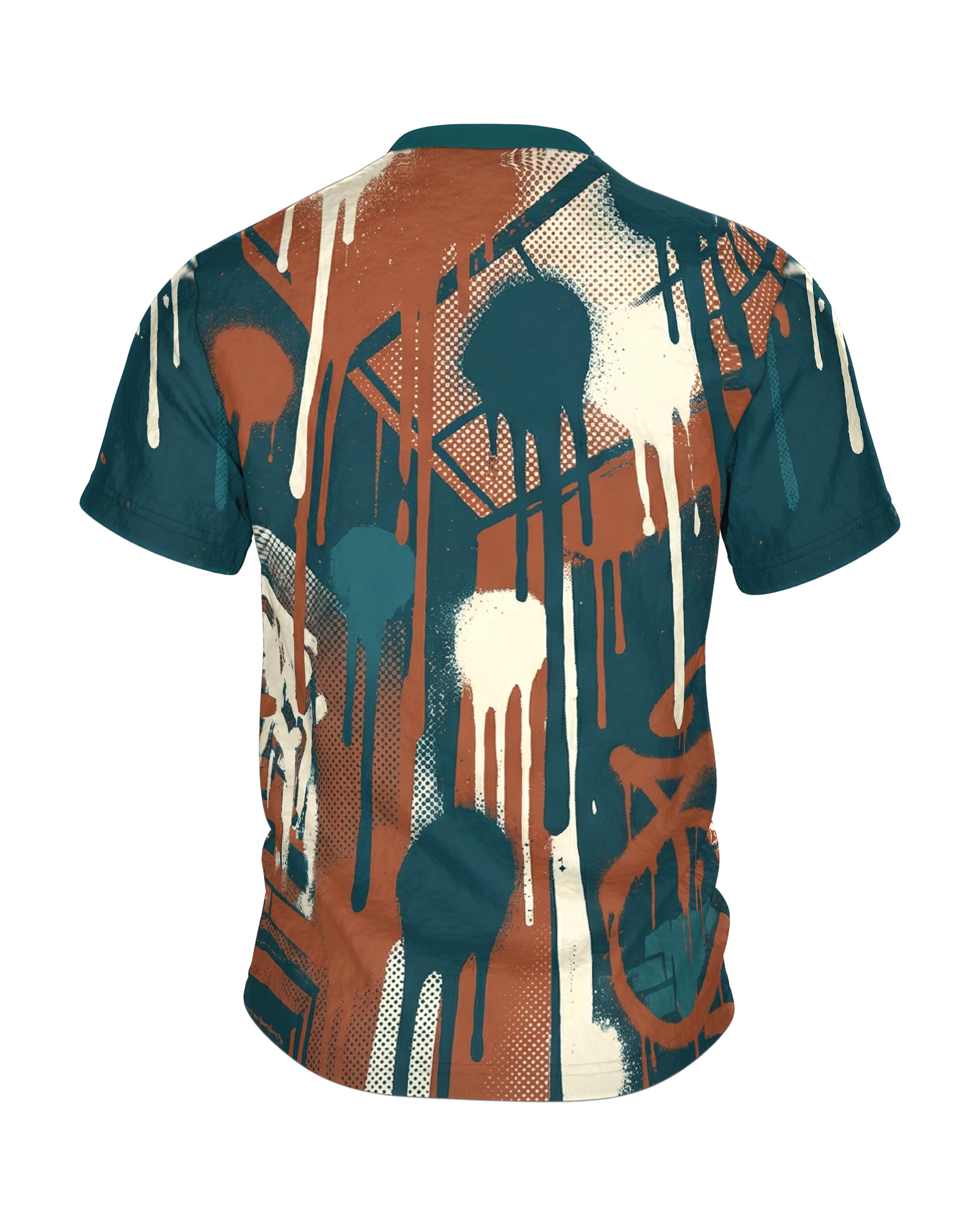 Graffiti Drips T-Shirt, Hinterhof-Fassaden mit laufender Farbe, Häuserschlucht am Rücken, Rückseite