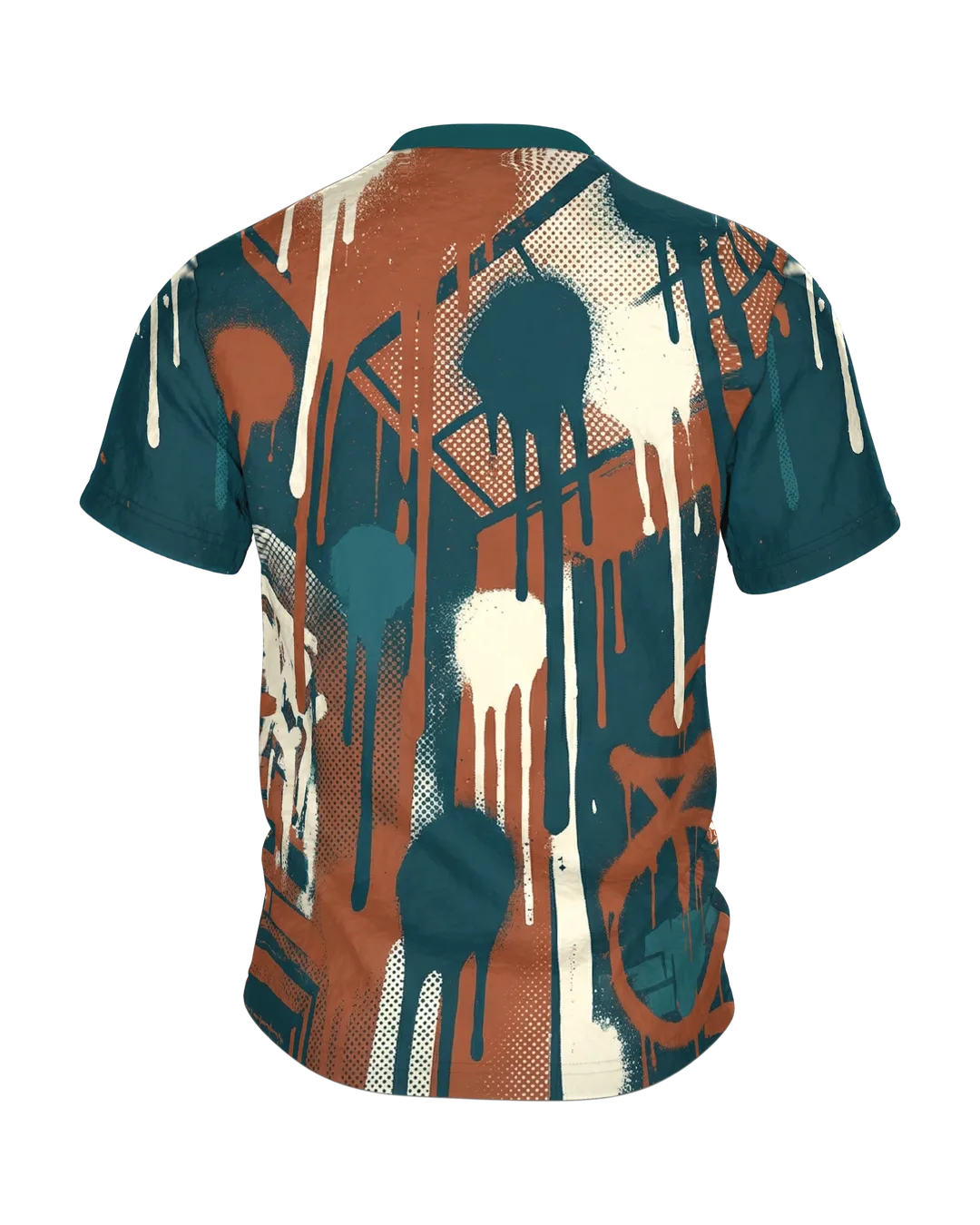 Graffiti Drips T-Shirt, Hinterhof-Fassaden mit laufender Farbe, Häuserschlucht am Rücken, Rückseite