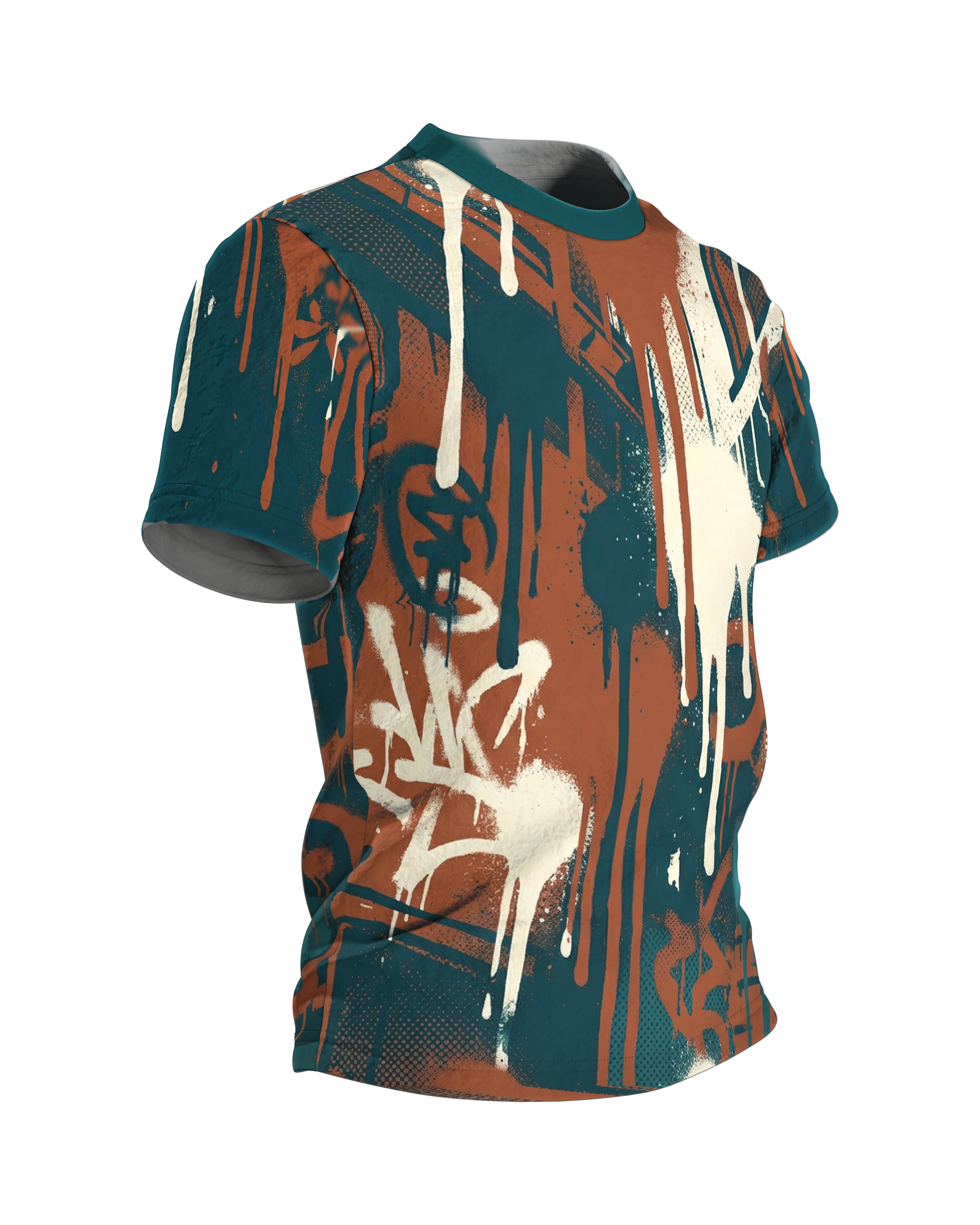 Graffiti Drips T-Shirt, Hinterhof-Fassaden mit laufender Farbe, Häuserschlucht am Rücken, Seitenansicht links