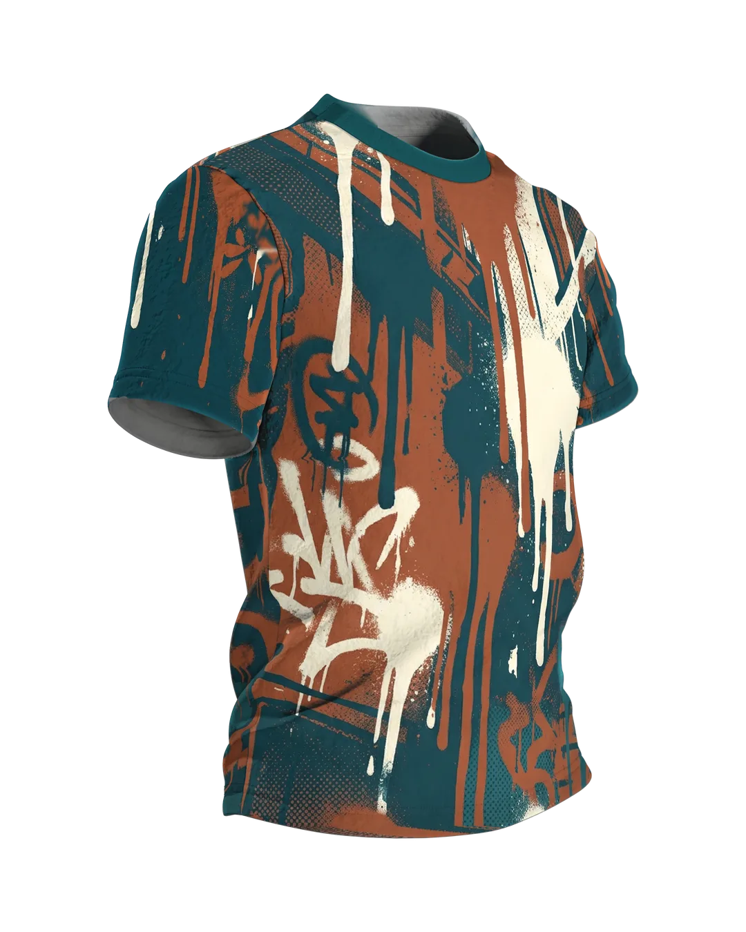 Graffiti Drips T-Shirt, Hinterhof-Fassaden mit laufender Farbe, Häuserschlucht am Rücken, Seitenansicht links