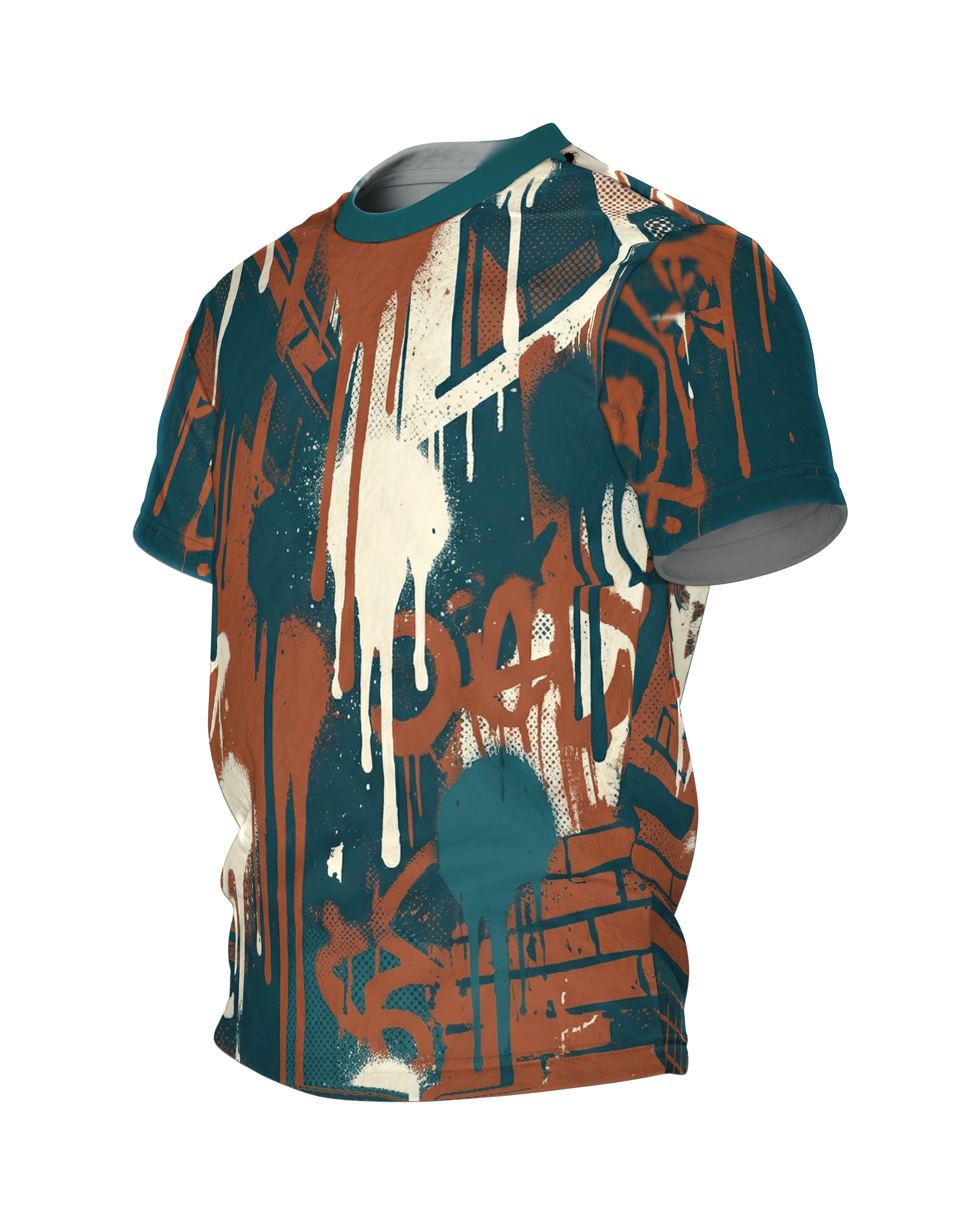Graffiti Drips T-Shirt, Hinterhof-Fassaden mit laufender Farbe, Häuserschlucht am Rücken, Seitenansicht rechts