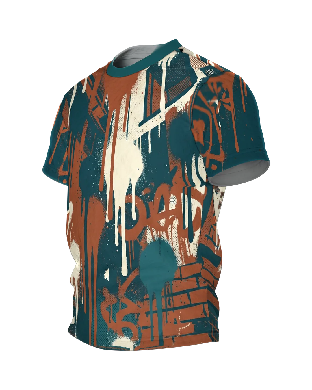 Graffiti Drips T-Shirt, Hinterhof-Fassaden mit laufender Farbe, Häuserschlucht am Rücken, Seitenansicht rechts