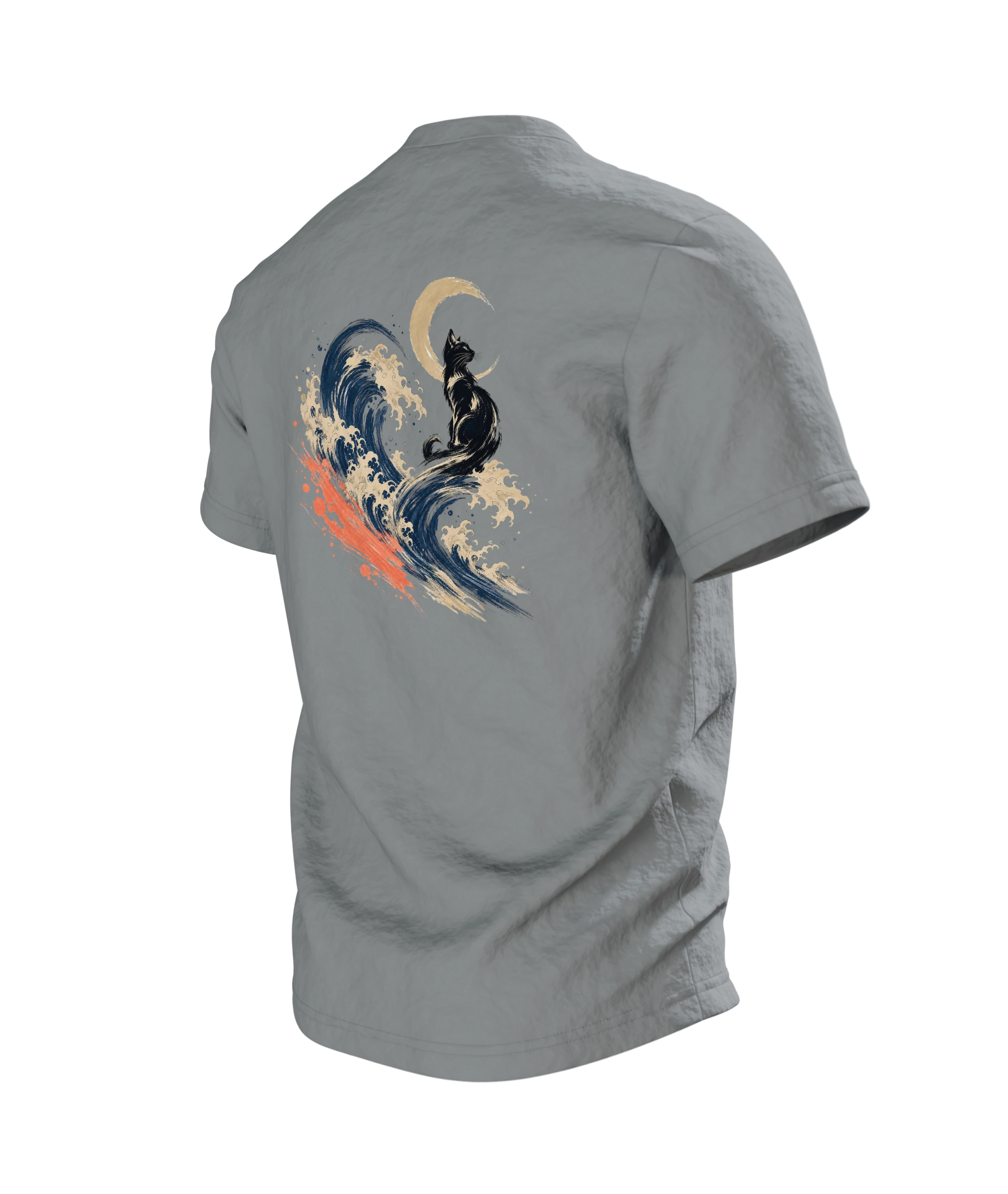 Kanagawa Katze T-Shirt – Schwarze Katze auf der Großen Welle