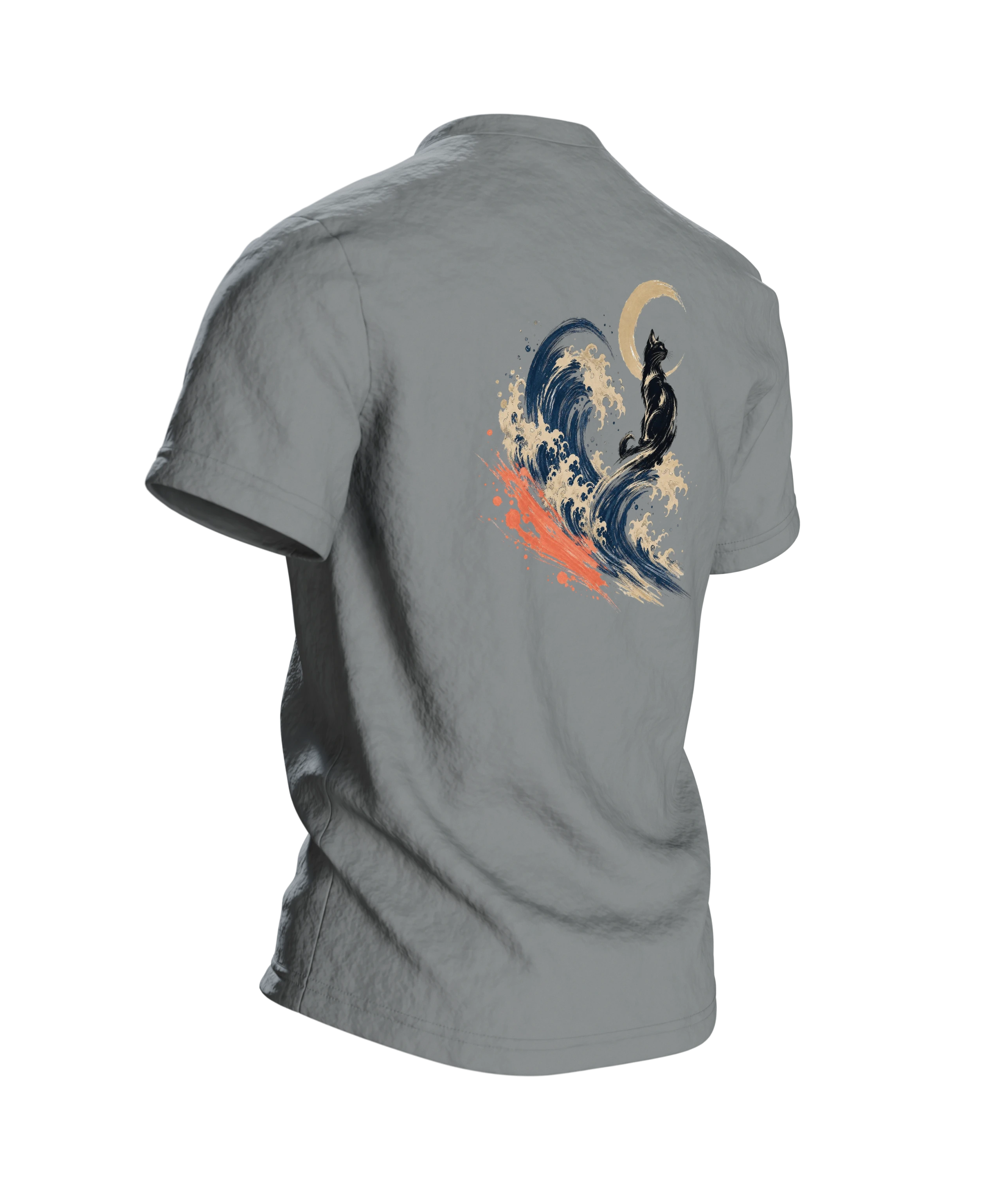 Kanagawa Katze T-Shirt – Schwarze Katze auf der Großen Welle