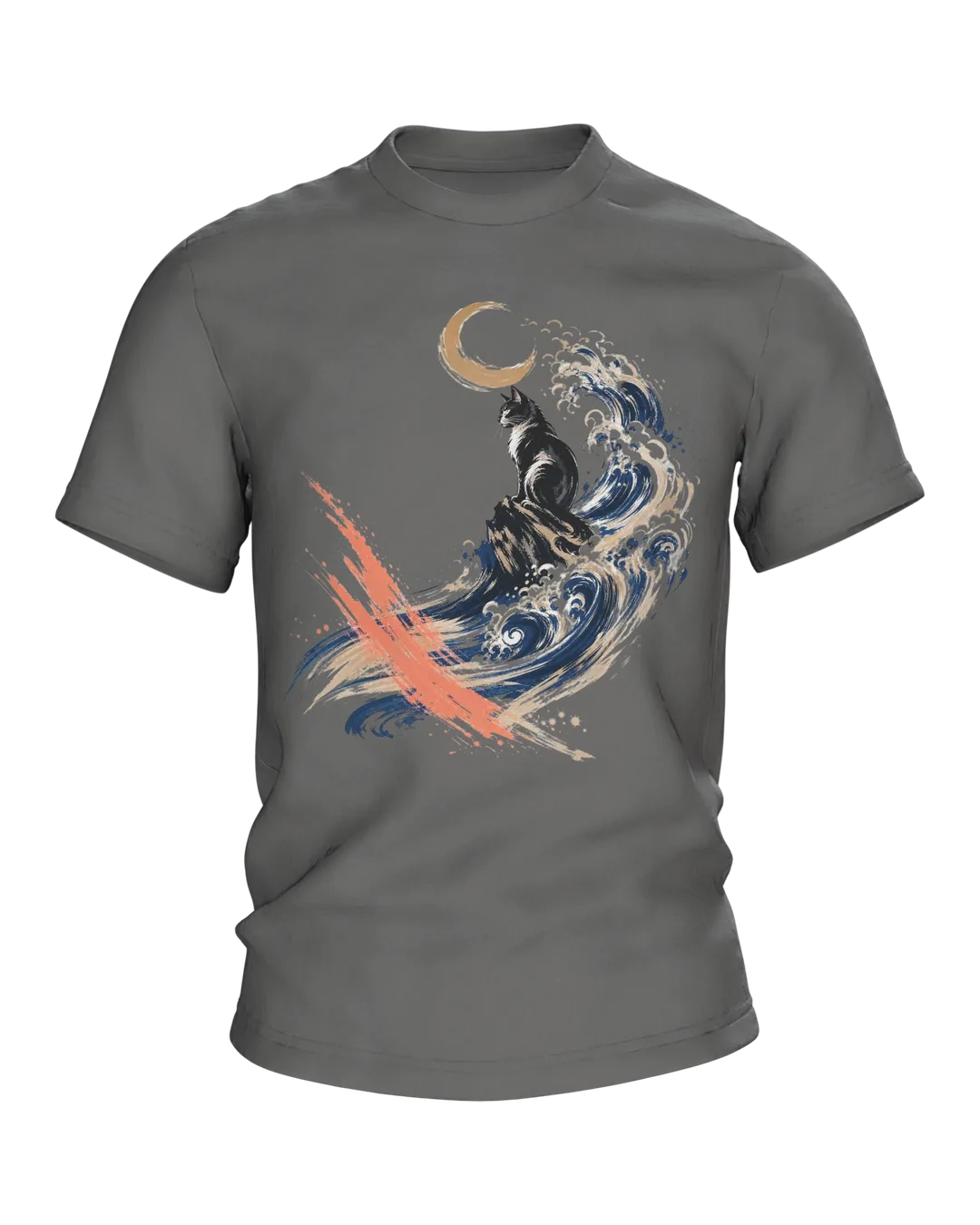 Kanagawa Katze T-Shirt, schwarze Katze in der großen Welle mit Sichelmond und Korallenstrich