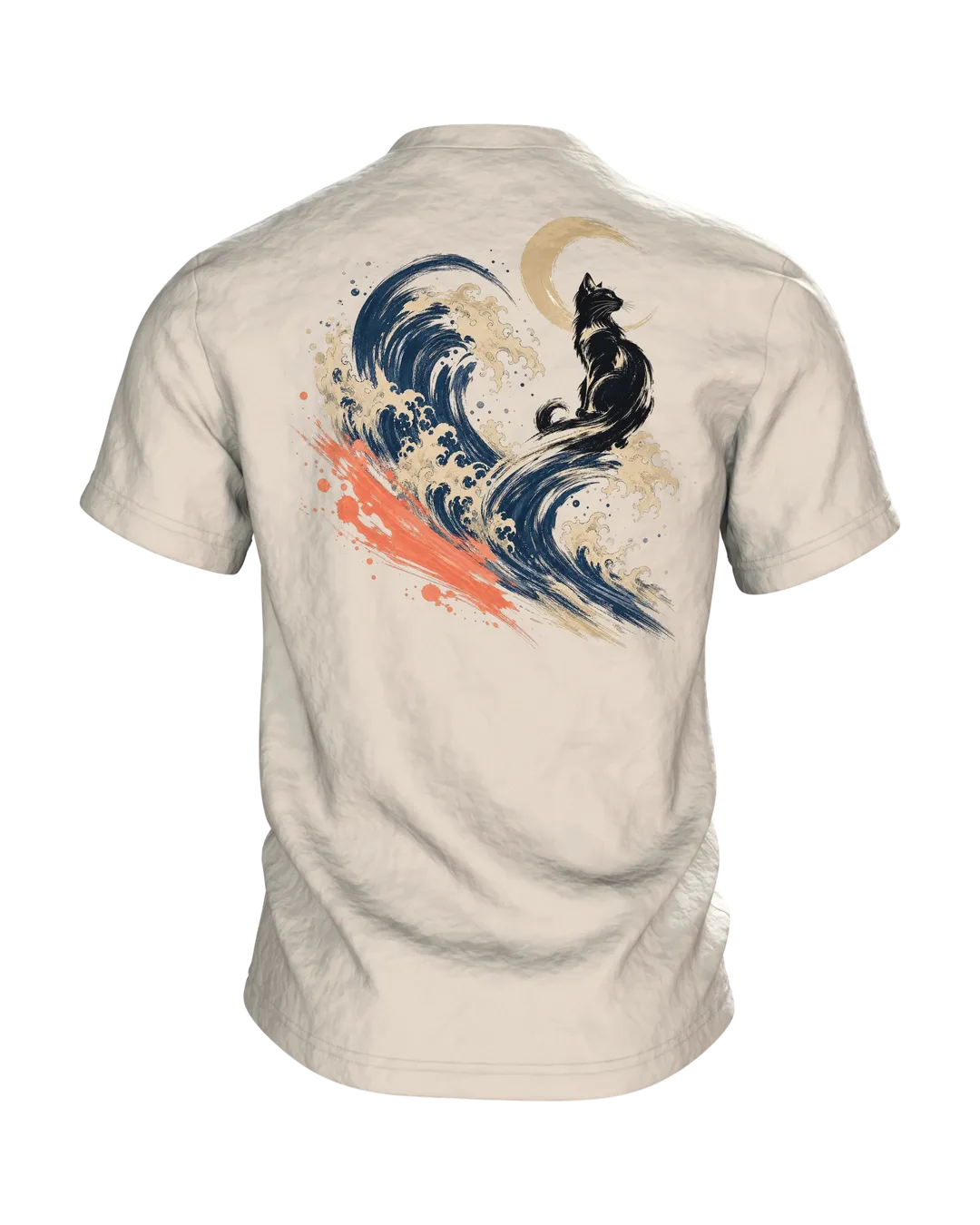 Kanagawa Katze T-Shirt, schwarze Katze in der großen Welle mit Mond auf Hell, Rückseite