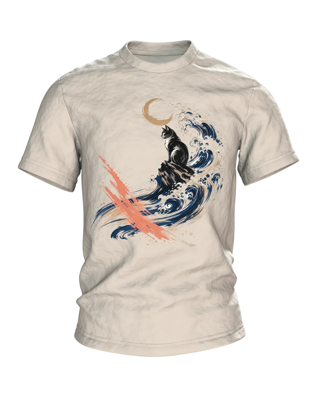Kanagawa Cat T-shirt, Black Cat in the Great Wave with Moon on Light Fabric