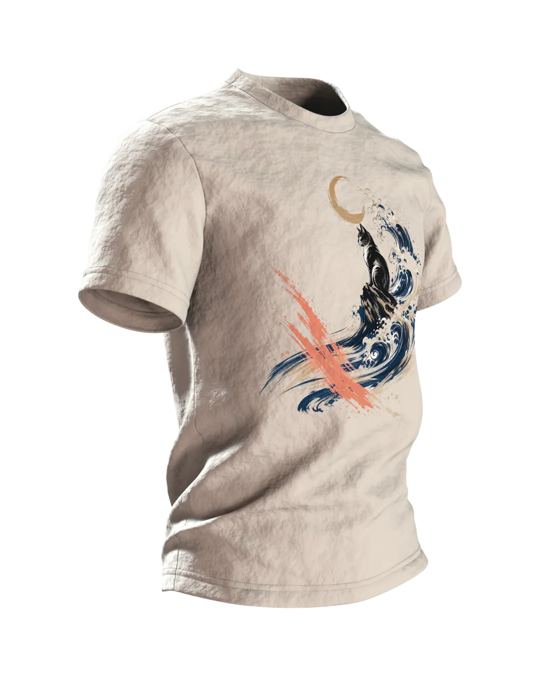 Kanagawa Katze T-Shirt, schwarze Katze in der großen Welle mit Mond auf Hell, Seitenansicht links