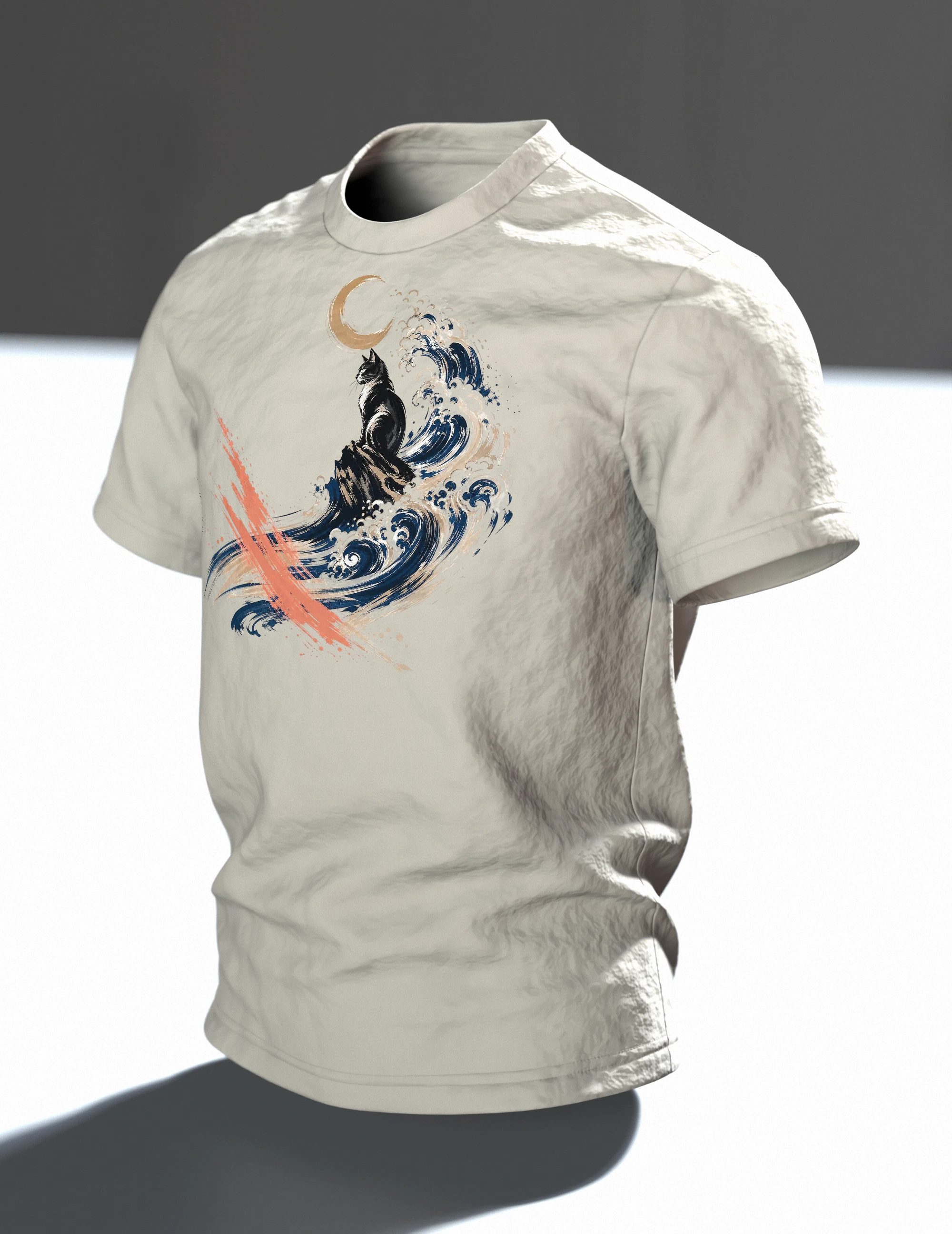 Kanagawa Katze T-Shirt, schwarze Katze in der großen Welle mit Mond auf Hell, Im Raum, schräg