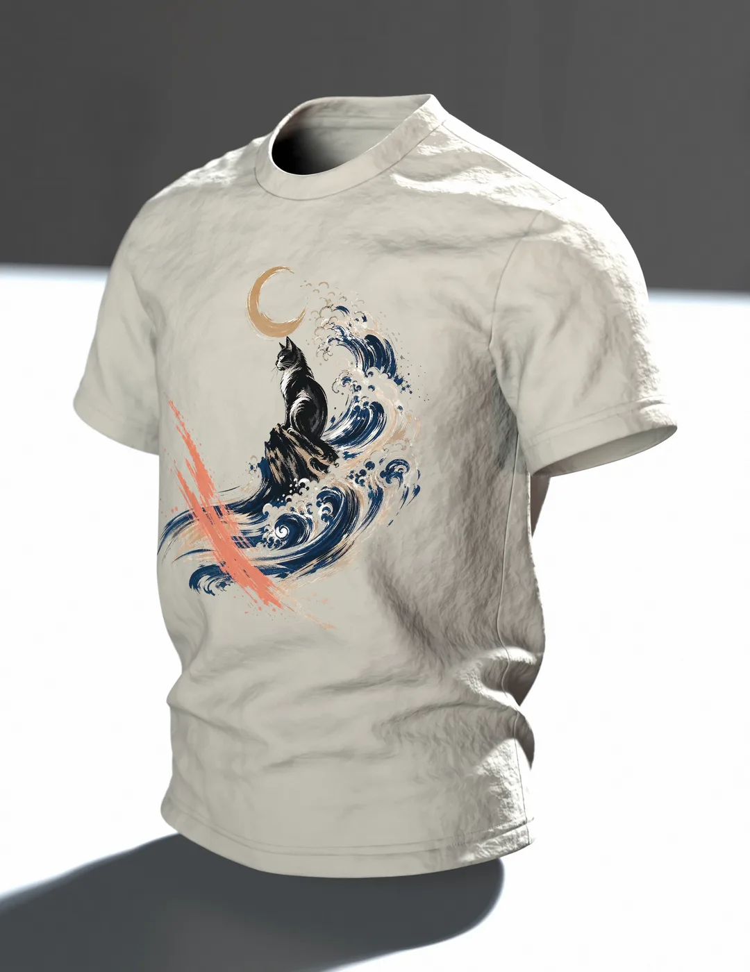 Kanagawa Katze T-Shirt, schwarze Katze in der großen Welle mit Mond auf Hell, Im Raum, schräg
