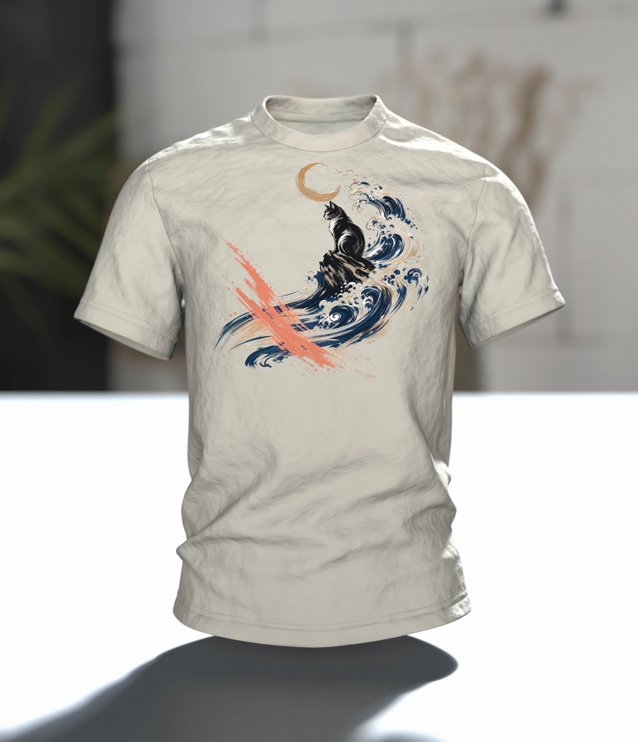 Kanagawa Katze T-Shirt, schwarze Katze in der großen Welle mit Mond auf Hell, Im Raum
