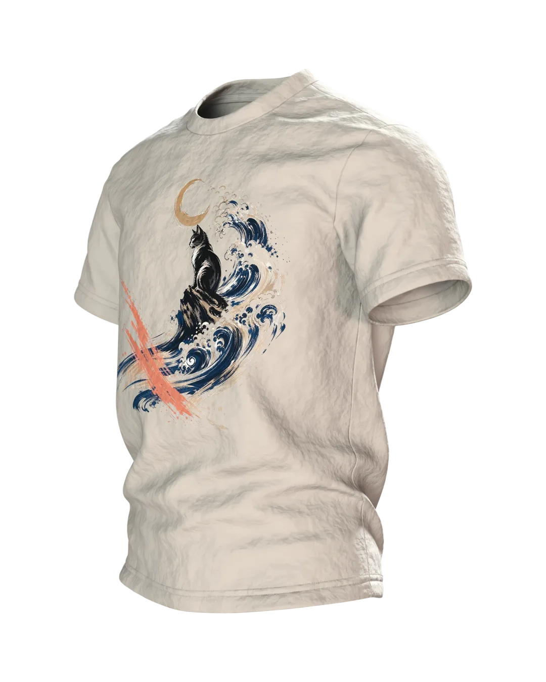 Kanagawa Katze T-Shirt, schwarze Katze in der großen Welle mit Mond auf Hell, Seitenansicht rechts