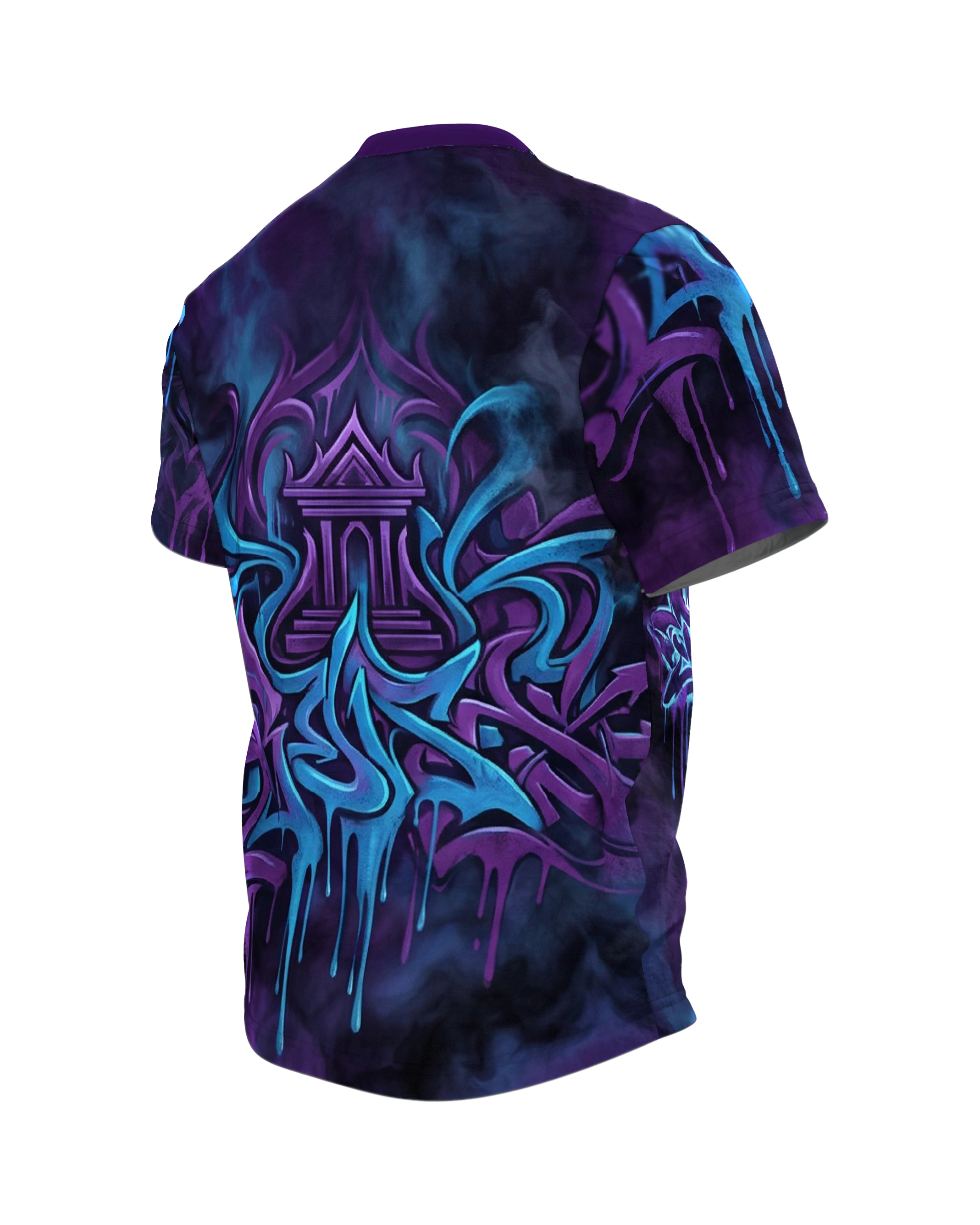 Mystisches Graffiti Tempel T-Shirt: Neon Drips, Rückseite schräg links